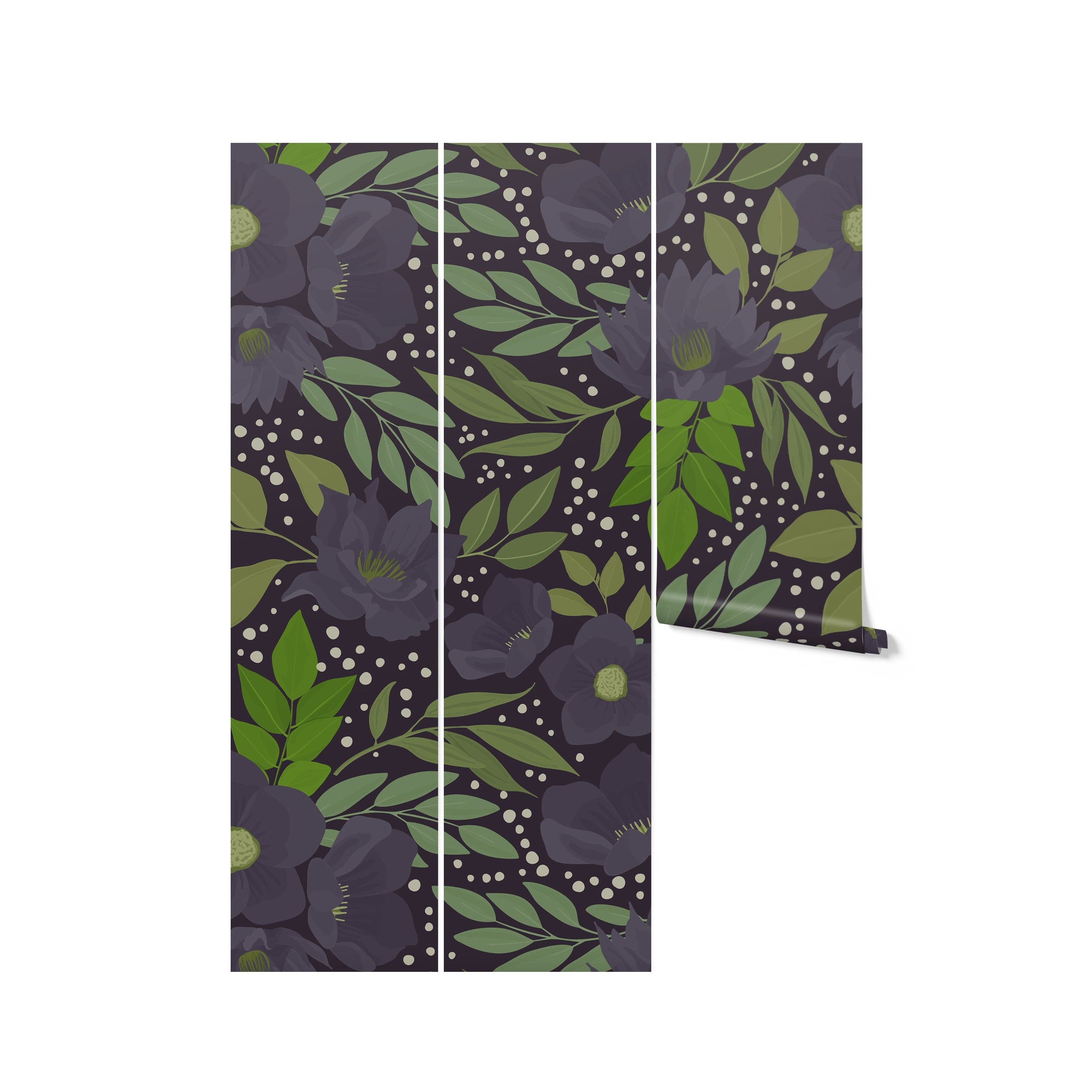 large blue floral wallpaper as a 75" repeating wallpaper option Triptych-style wall art displaying a continuous dark floral pattern with large blooms and green foliage across three panels, the rightmost panel slightly peeled back revealing the wall beneath