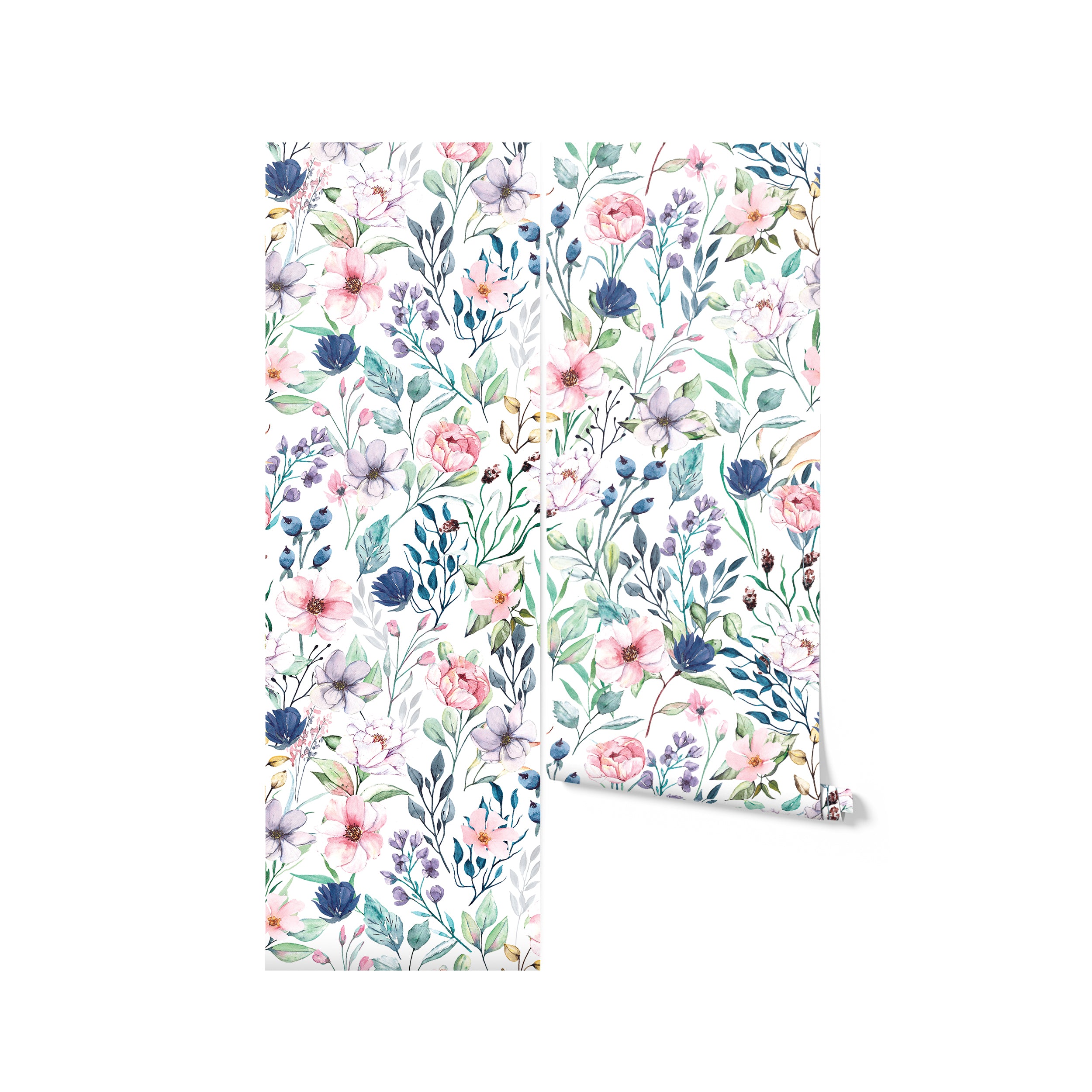 A roll of Watercolor Floral Wallpaper IV showing off its medium-sized, hand-painted-style flowers, ready to transform any room with its colorful and lively design.