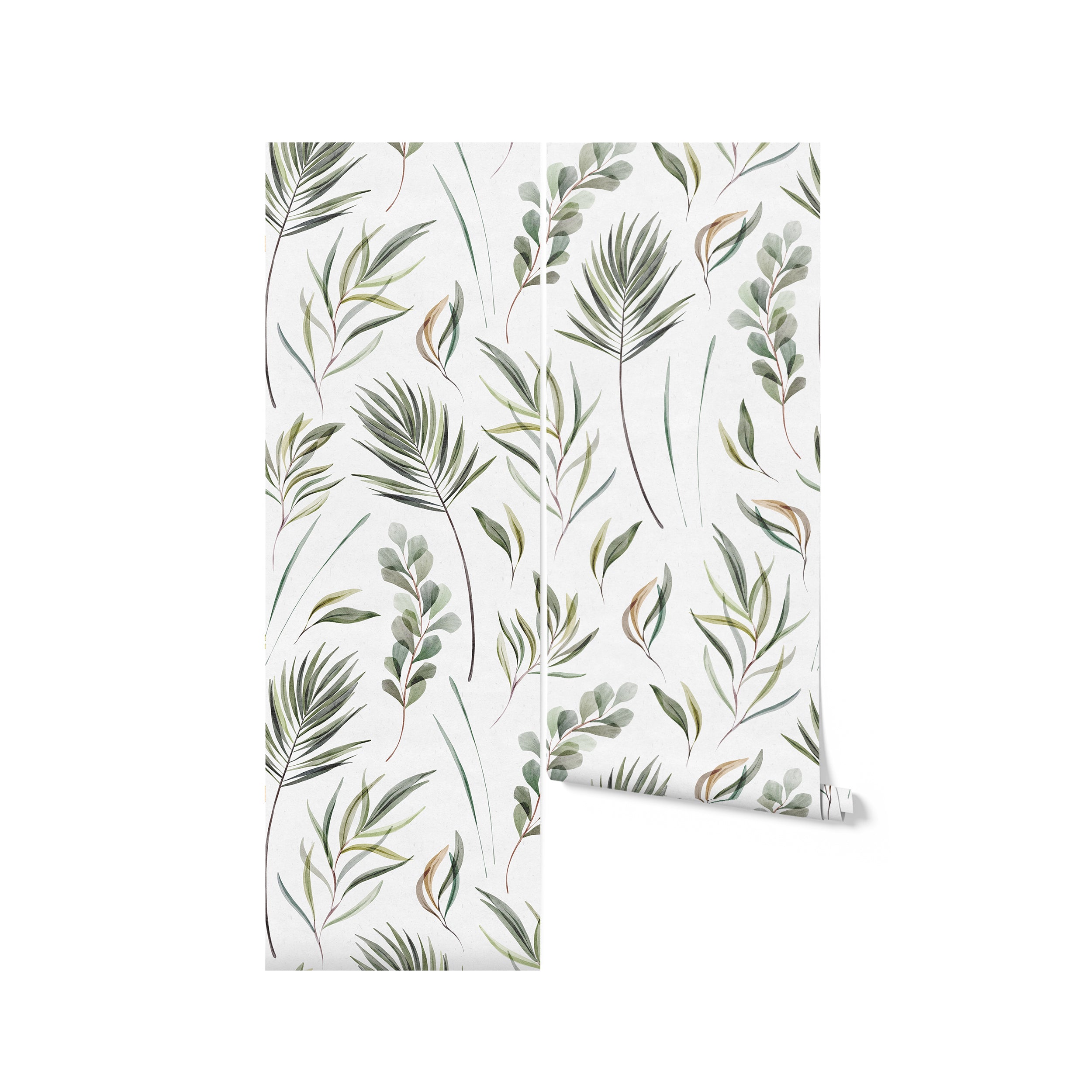 The Green Floral Wallpaper shown in a rolled format, providing a glimpse of how the pattern repeats across the length of the paper, with its elegant watercolor greenery design that promises to bring a peaceful and fresh look to interiors.
