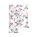 Elegant Wisdom Wallpaper VII - Pink Floral Wallpaper displayed in two vertical panels, highlighting the intricate watercolor pattern of pink flowers and gray leaves on a white background.