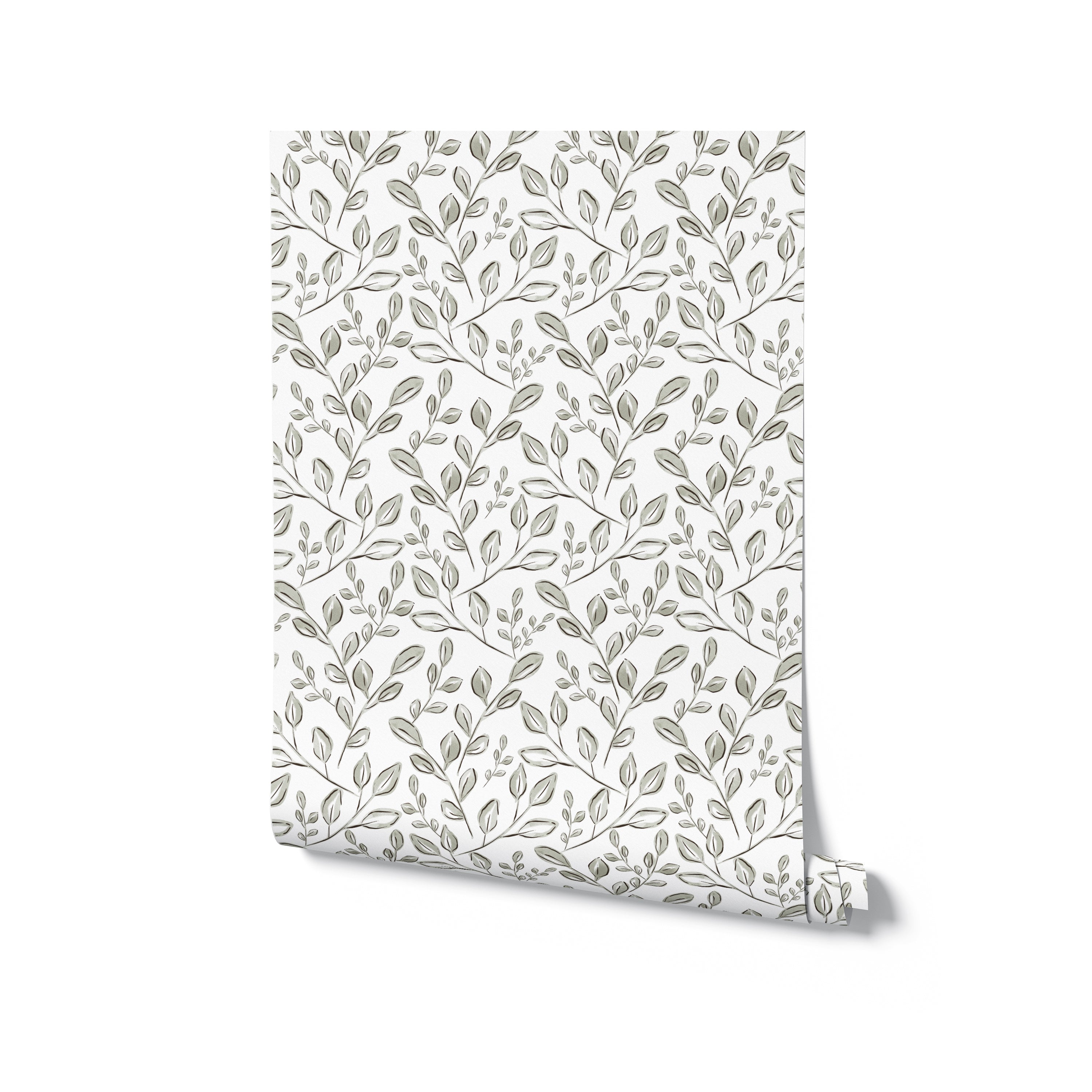 Rolled-up version of the Sweet Watercolour Floral Wallpaper showcasing its detailed watercolor floral patterns. The soft grays and muted greens offer a subtle yet elegant design, perfect for adding a touch of sophistication to any room.