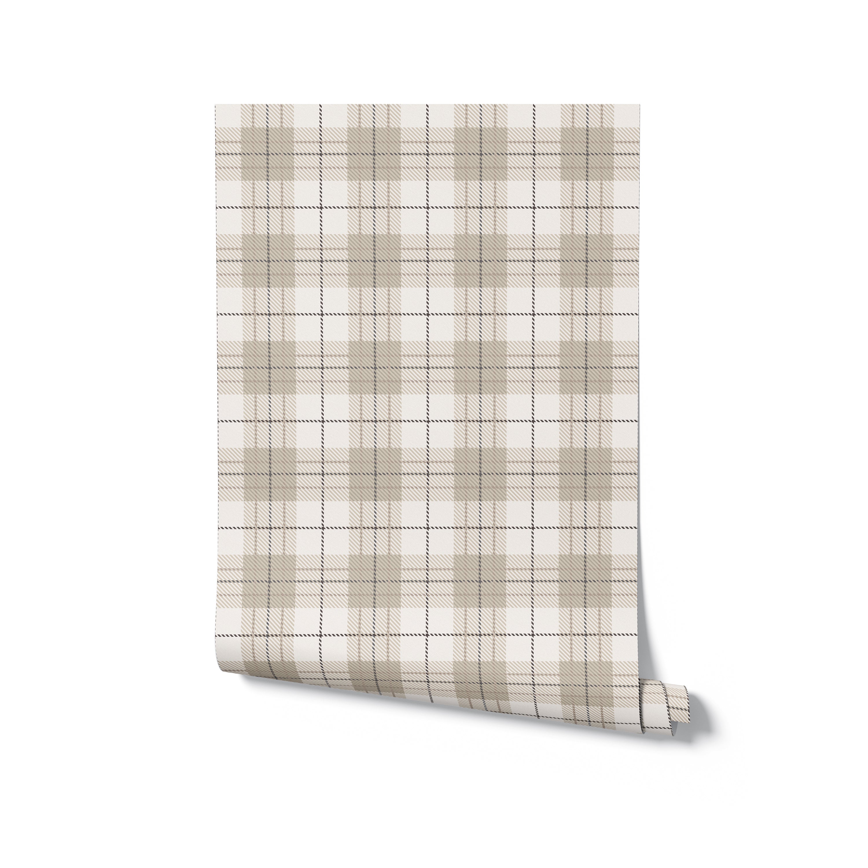 A single roll of Winter Plaid Wallpaper, revealing the intricate pattern of beige, brown, and white plaid. This image showcases the wallpaper's texture and pattern continuity, perfect for visualizing its effect in a home setting before purchase.