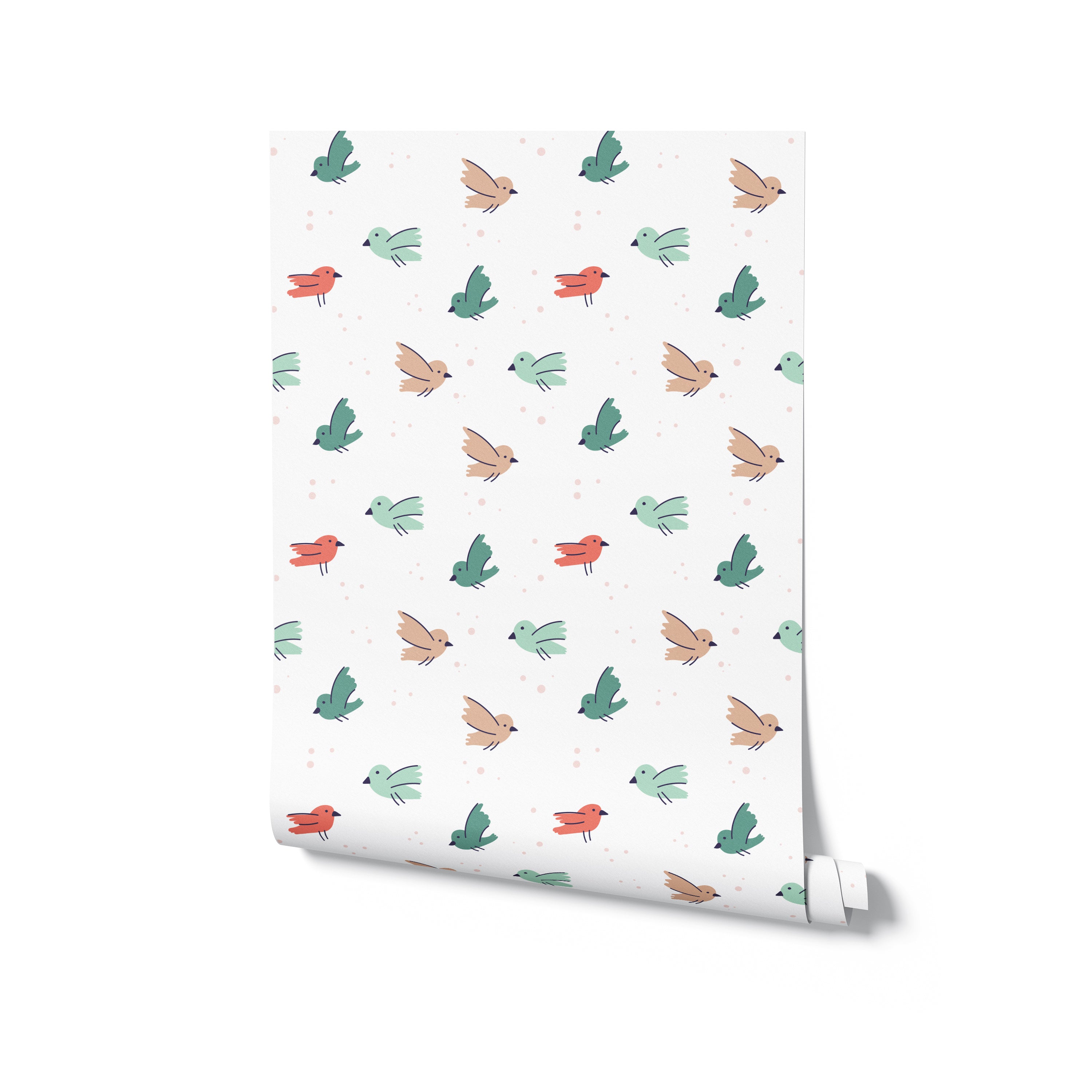 Roll of baby bird nursery wallpaper showcasing colorful bird illustrations on a light speckled background.