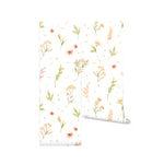 A roll of the Flower and Leaf Wallpaper showing the light and airy botanical print, with watercolor flowers and leaves adding a touch of natural whimsy, ready to be applied to a wall for a fresh and peaceful ambiance