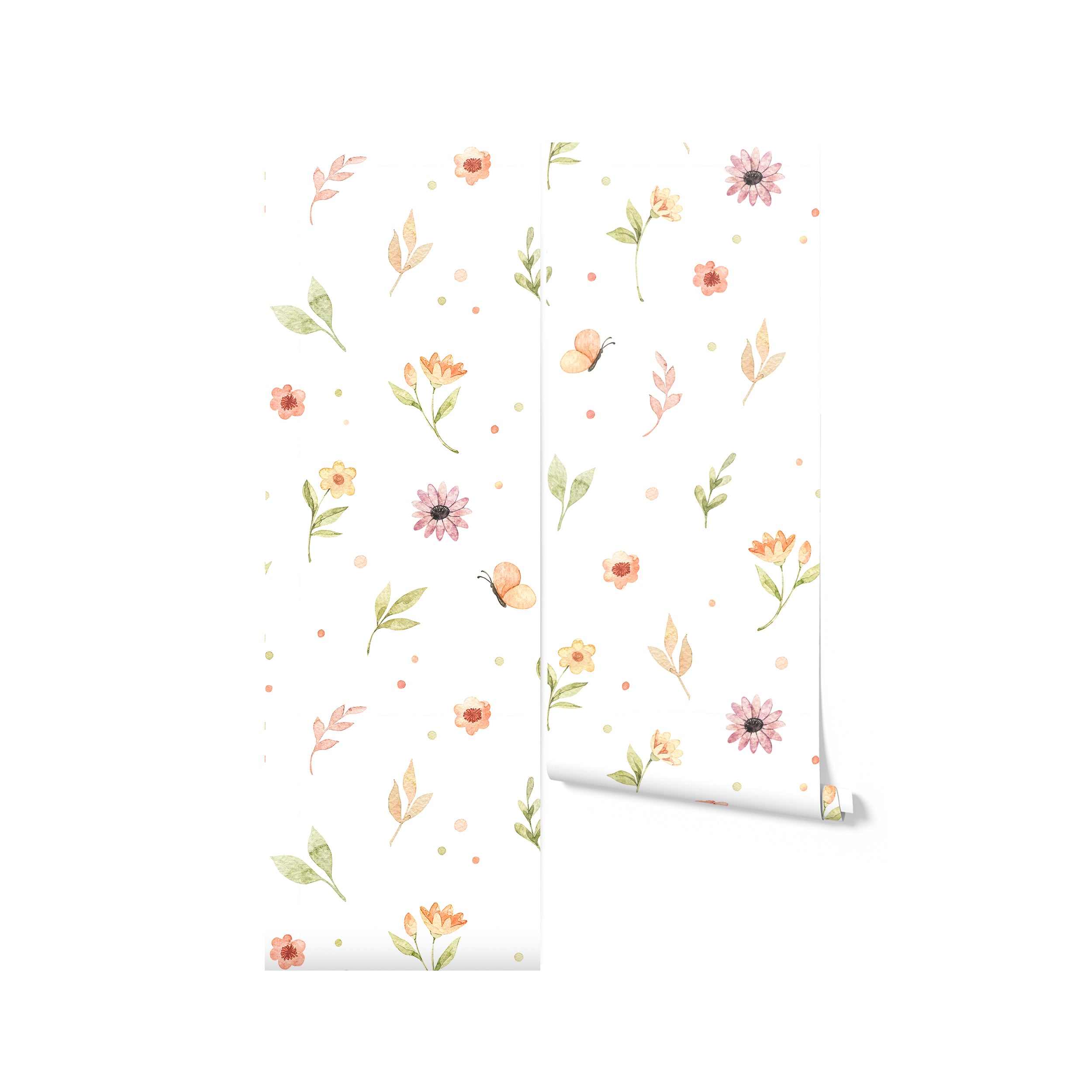 A roll of 'Butterfly and Flower Wallpaper' partially unrolled against a white background, displaying the charming watercolor flowers and butterflies scattered among soft dots. The artwork brings a touch of spring and liveliness, ideal for adding a gentle pop of color to any space.
