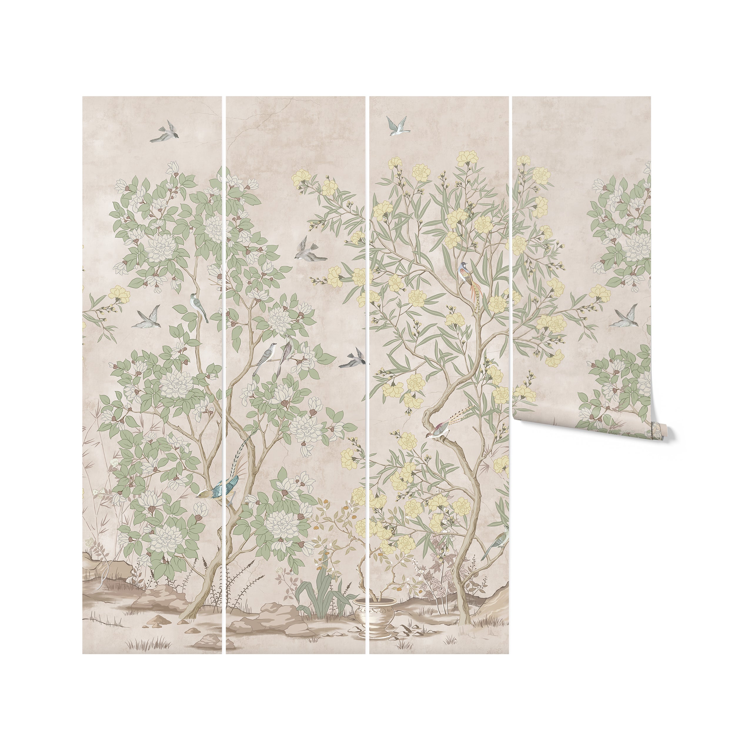 Image of a roll of chinoiserie wallpaper, alongside a depiction of how the pattern repeats across multiple rolls, highlighting the continuous nature scene with trees, birds, and florals designed to create an immersive and decorative wall feature
