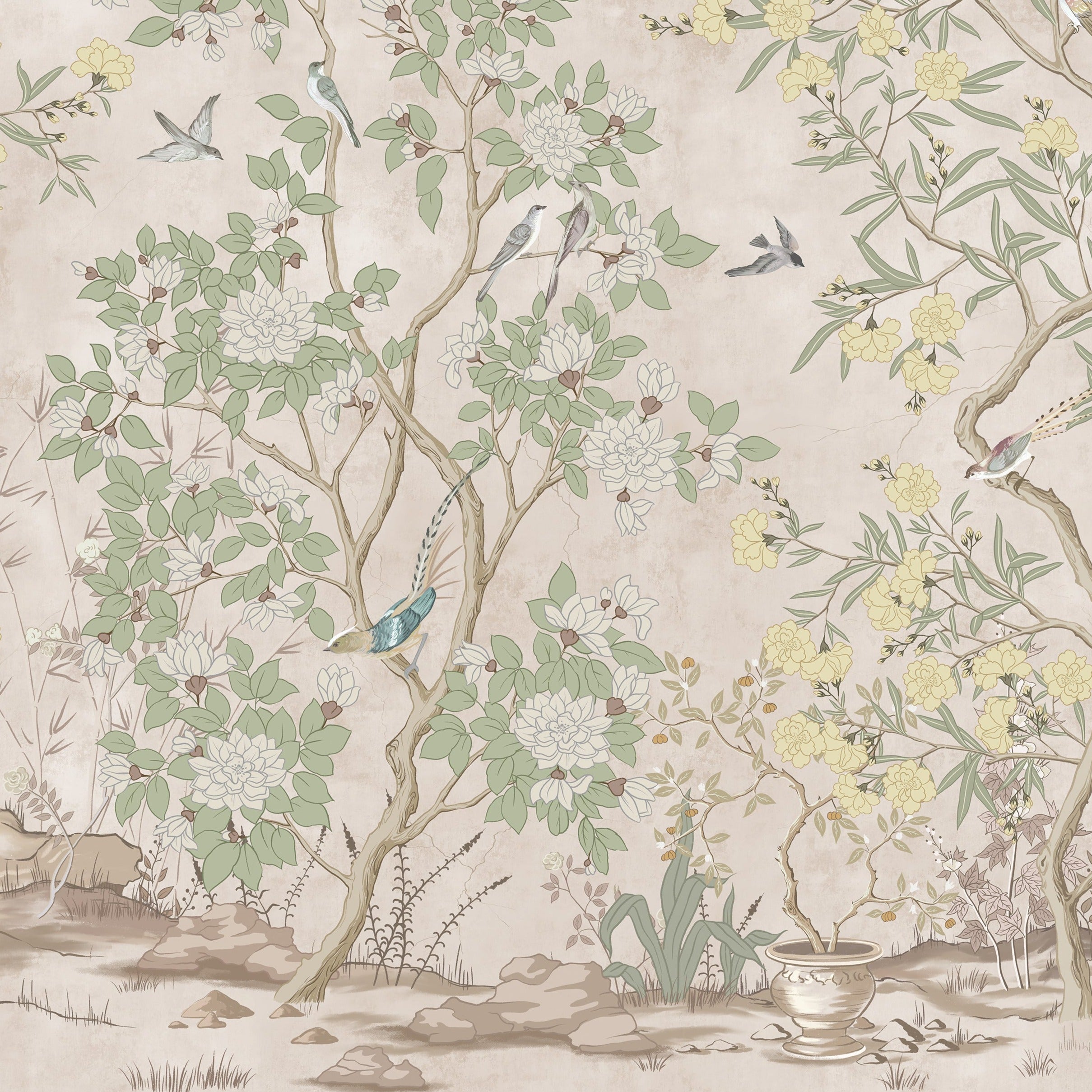 Image of chinoiserie wallpaper showcasing a detailed and stylized depiction of a forest scene with slender trees, blooming flowers, and various birds in flight or perched, all rendered in a muted color palette against a faded beige background