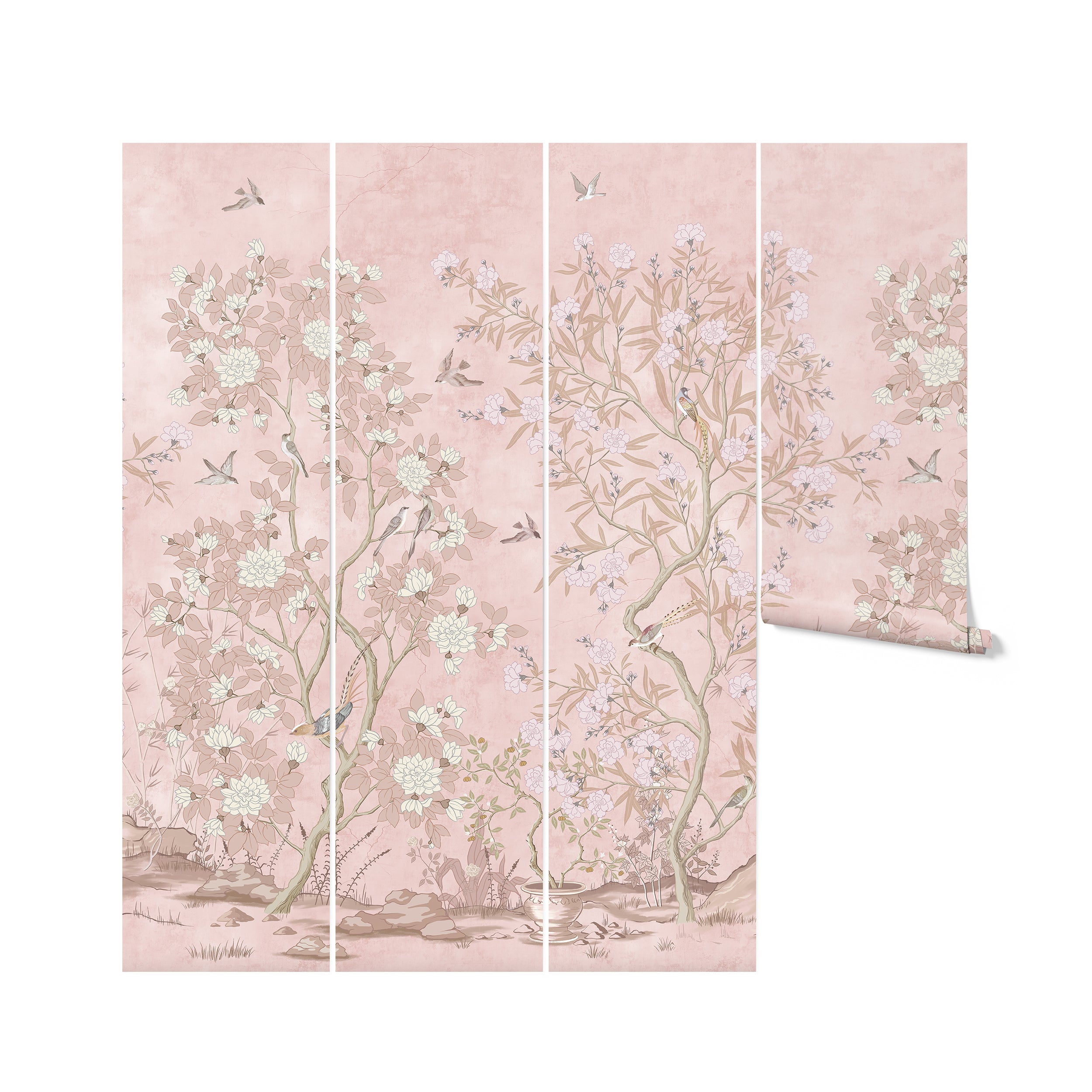 A visual display of chinoiserie wallpaper rolls, illustrating the continuity of the pattern with slender trees, varied bird species, and detailed flowers in a muted palette on a blush pink backdrop, designed to create a seamless, expansive mural when installed side by side