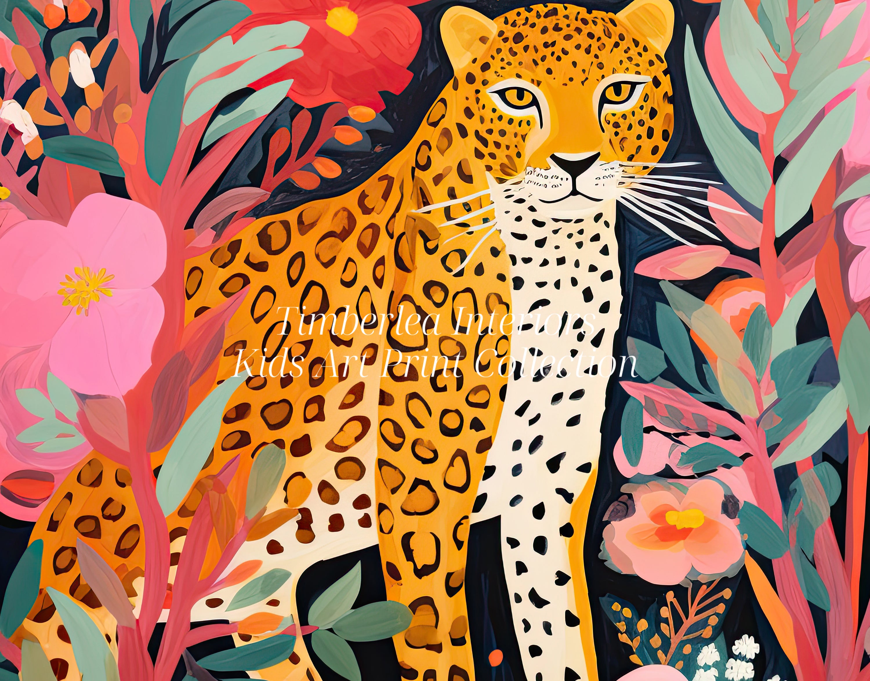 Close-up view of a vibrant art print featuring a majestic leopard surrounded by colorful tropical foliage, with pink, green, and orange hues