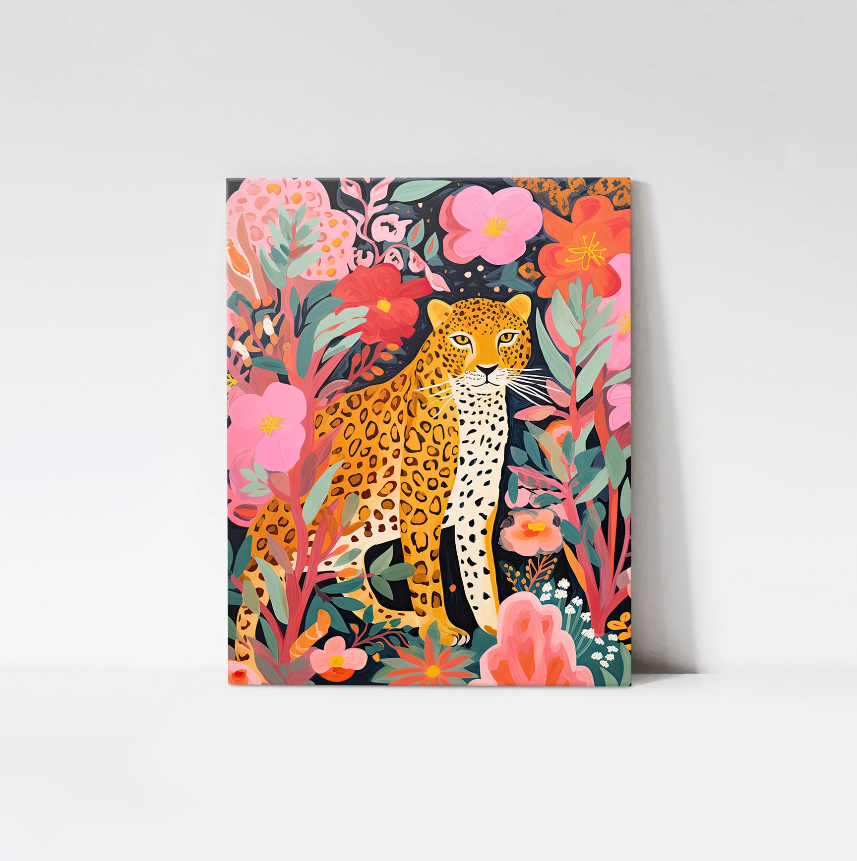 Art print of a leopard surrounded by colorful tropical foliage, displayed on a wood board, showcasing pink, green, and orange hues.