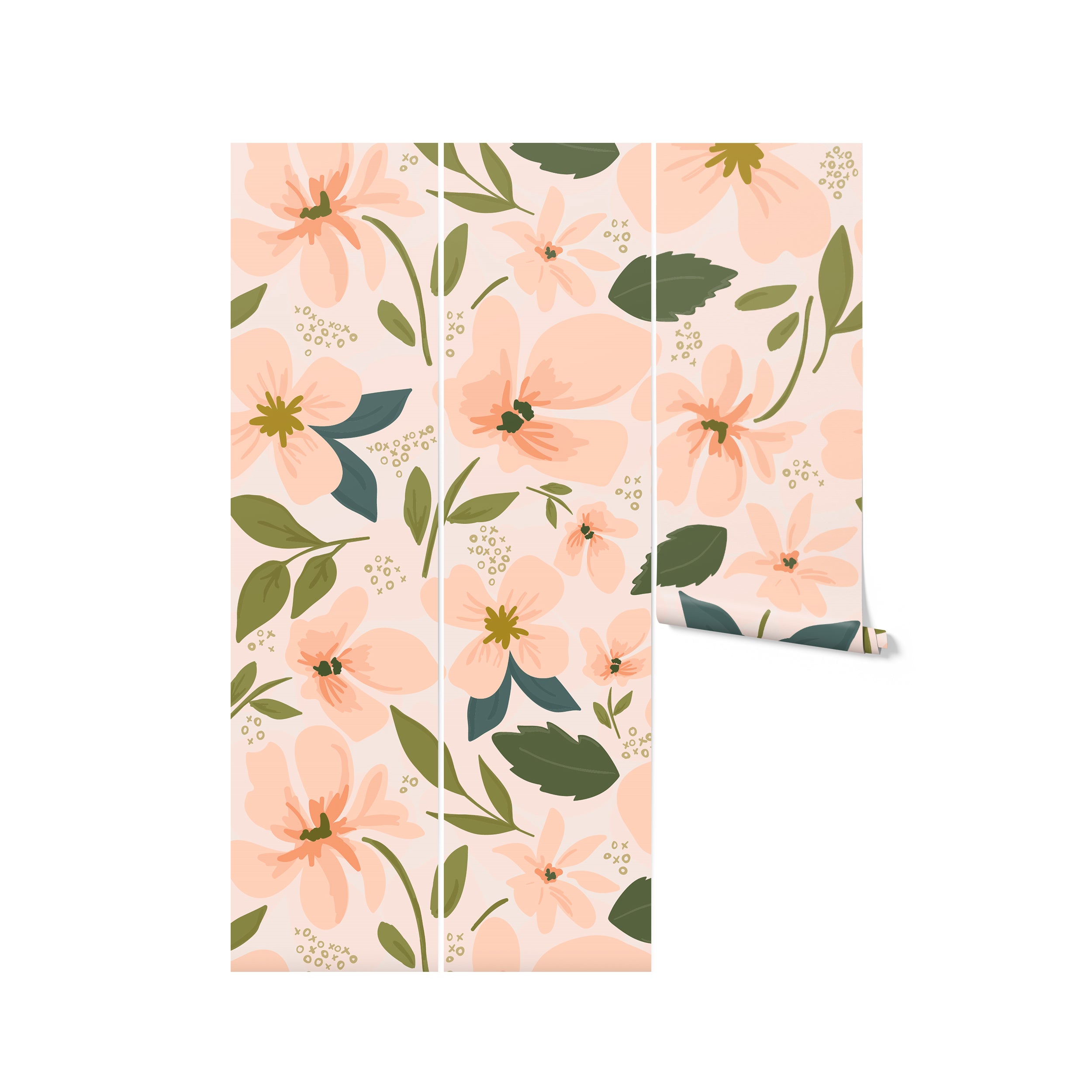 Rolled-up sample of peach floral wallpaper with large blossoms and green leaves on a light pink background