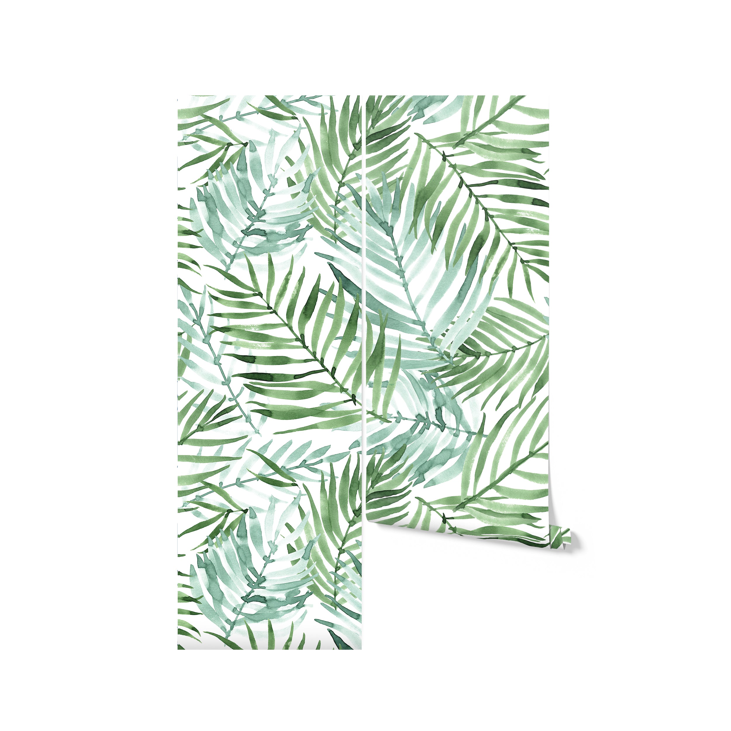 A partially unrolled roll of 'Hand Painted Tropical Wallpaper' leaning against a white background. The paper reveals a lively assortment of watercolor palm leaves in various shades of green, hinting at the wallpaper's potential to transform any room into a tropical escape.