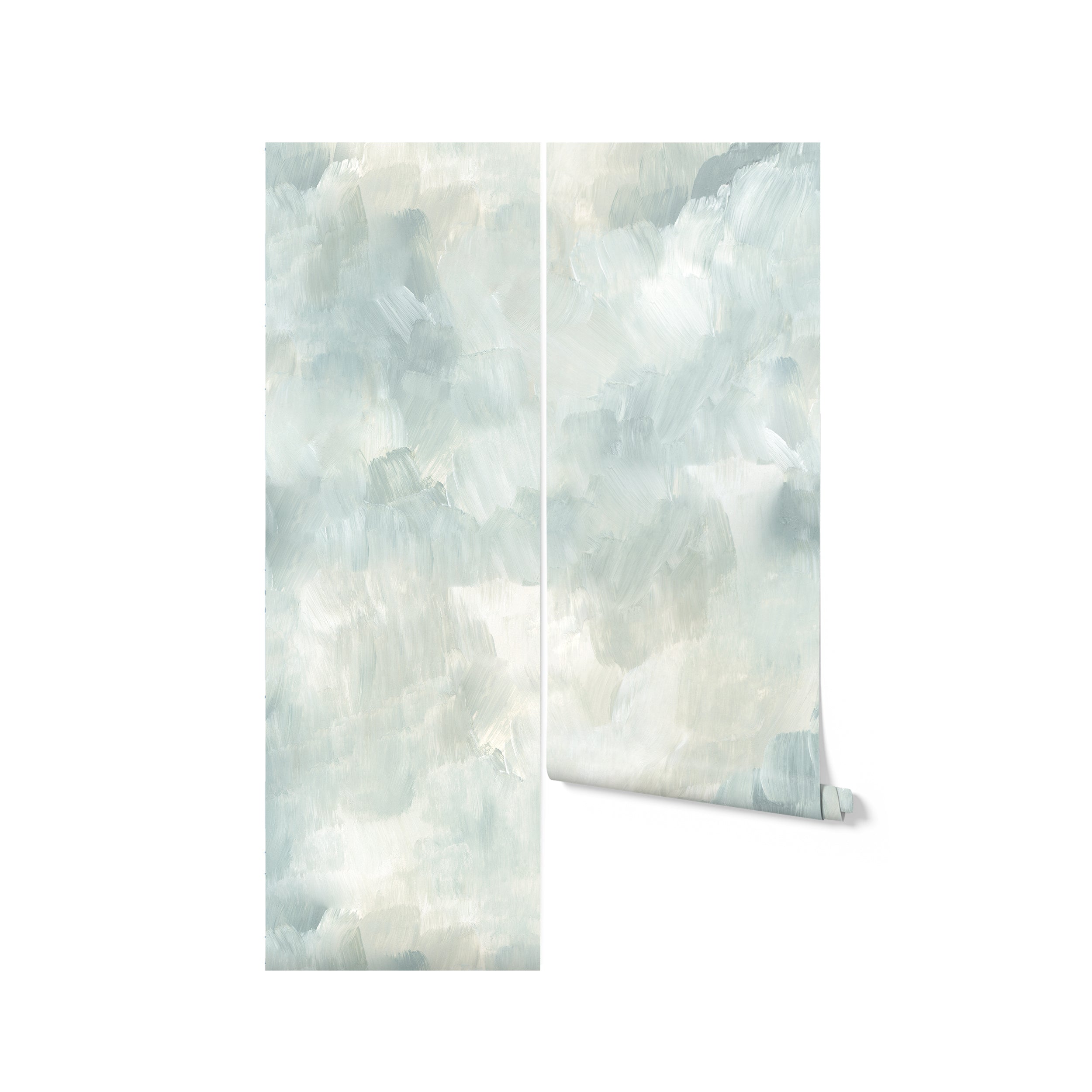 A roll of light blue and white textured wallpaper with a cloud-like pattern. The wallpaper features soft, overlapping brush strokes in different shades of blue and white, creating a calming and serene effect. The roll is partially unrolled to show the pattern.