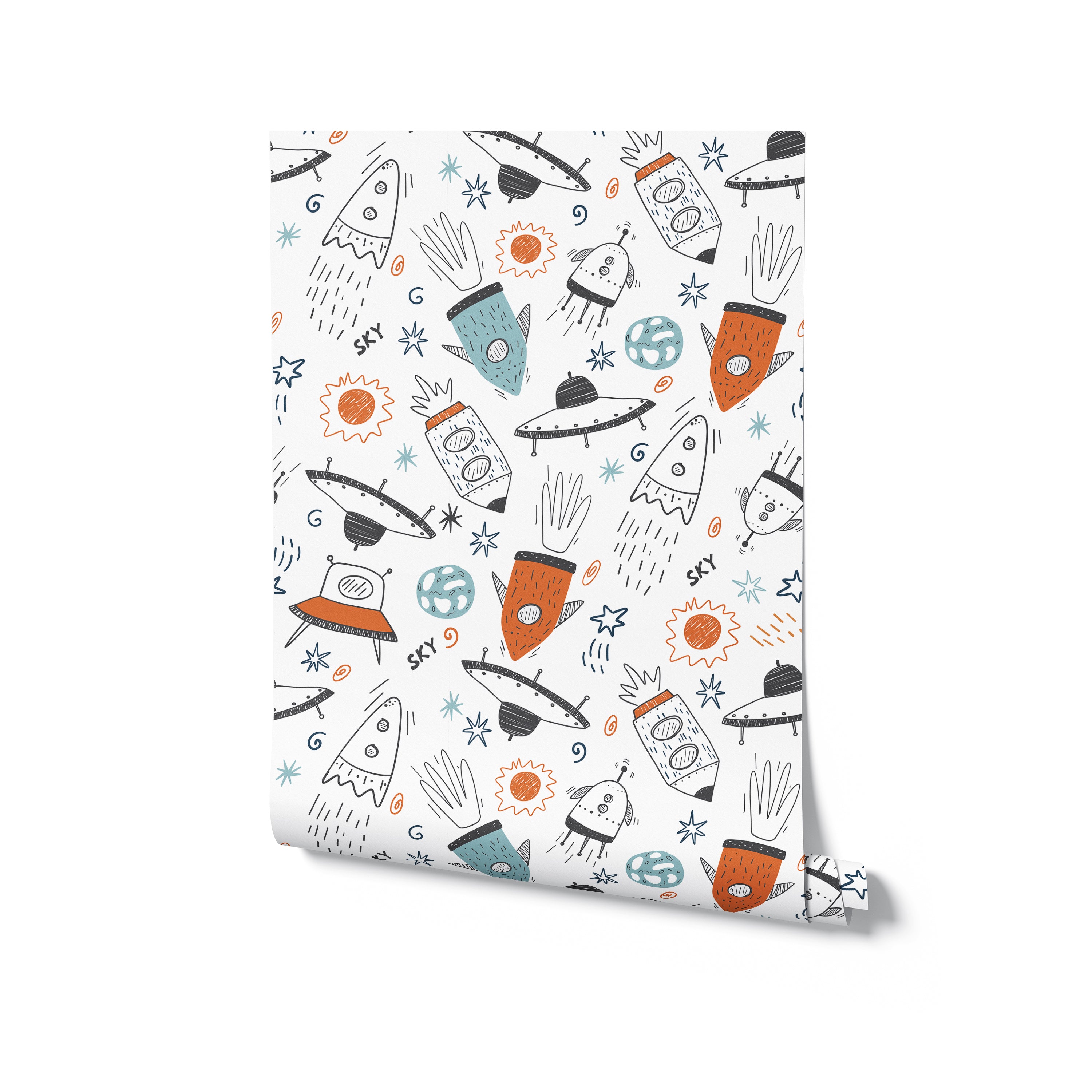 A rolled piece of wallpaper with a playful space theme, featuring doodles of rockets, planets, satellites, and stars in a whimsical style with soft colors on a white background