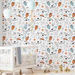 A nursery room with walls covered in space-themed wallpaper showcasing a whimsical array of rockets, planets, and stars, accompanied by light blue balloons, a white crib, and a grey carpet