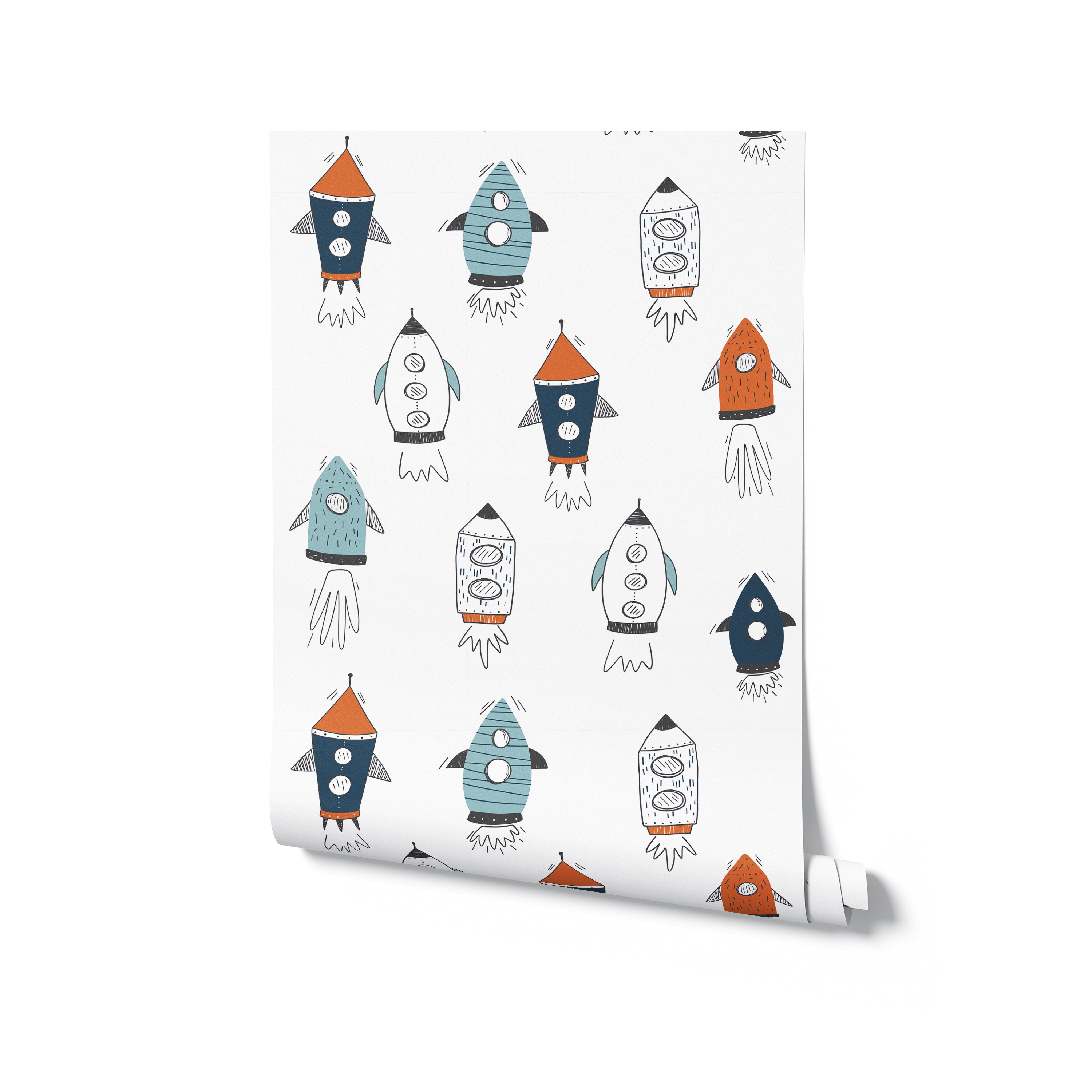 A rolled wallpaper featuring hand-drawn rockets in orange, teal, and navy on a white background, ideal for children's rooms