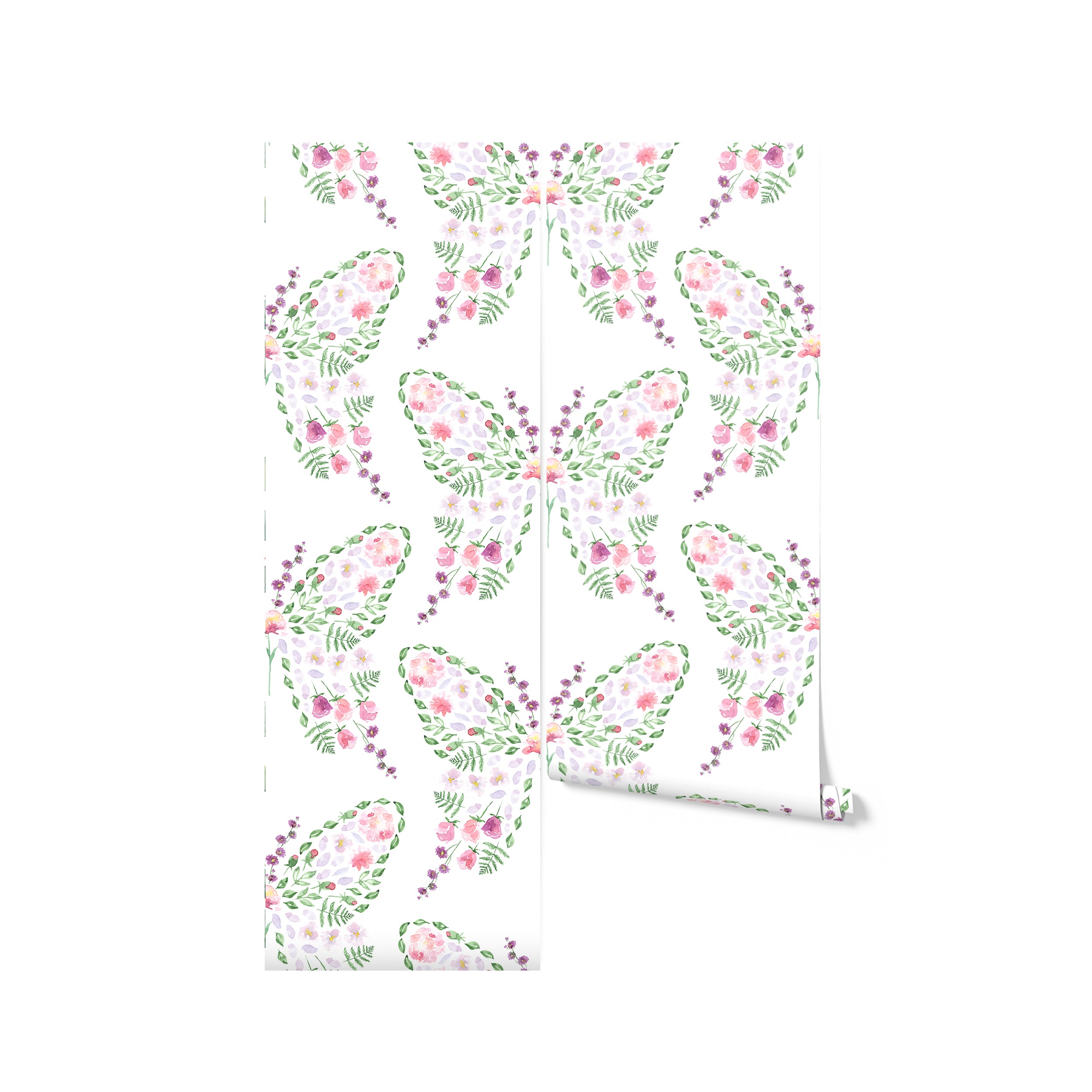 A roll of kids' wallpaper unfurled slightly to show a charming pattern of watercolor butterflies composed of floral and leaf designs in pastel pink, purple, and green tones, conveying a sense of whimsy and playfulness.