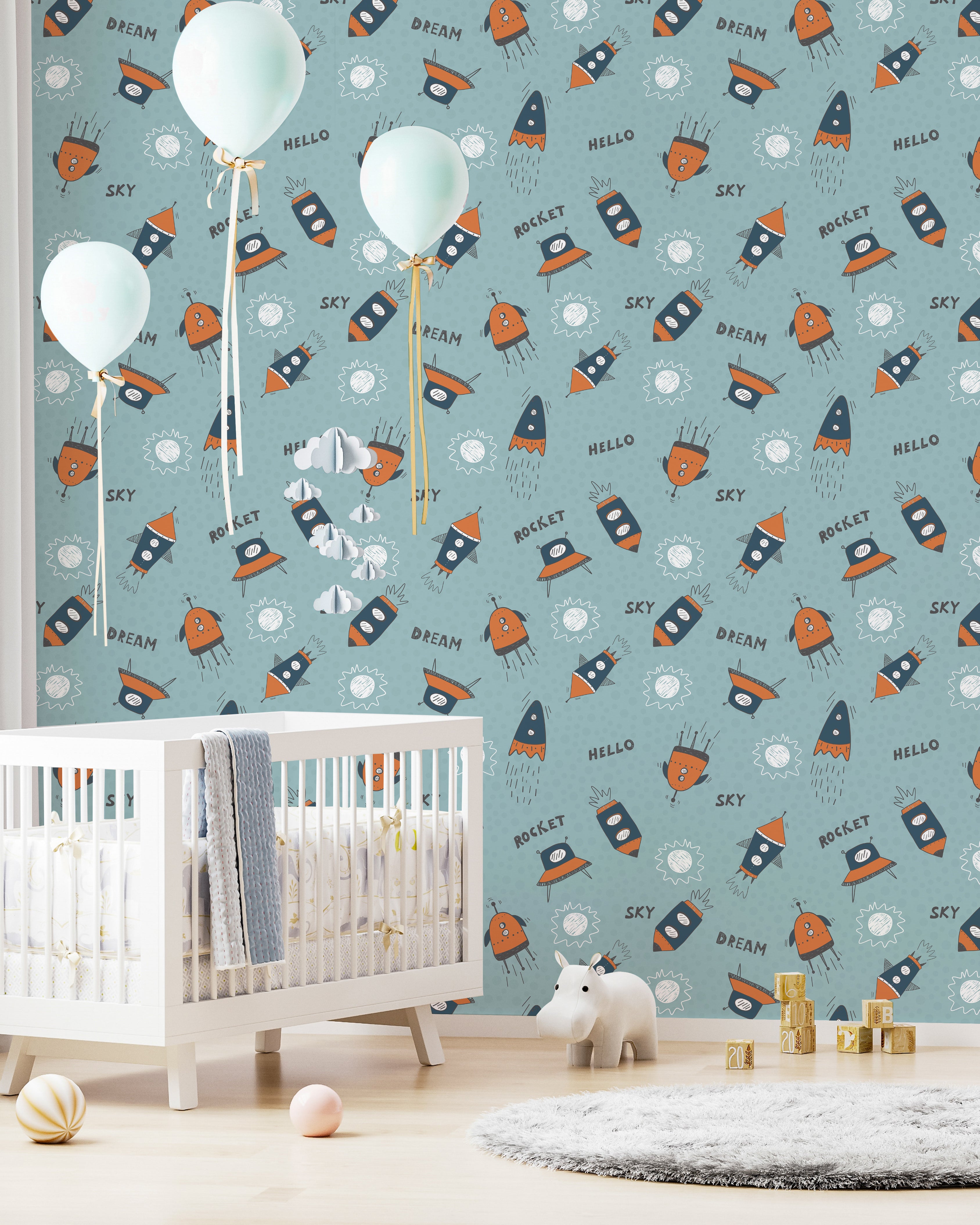 Bright and cheerful nursery featuring walls adorned with 'Hello Sky Dream' wallpaper, sky-themed decor, and a playful atmosphere