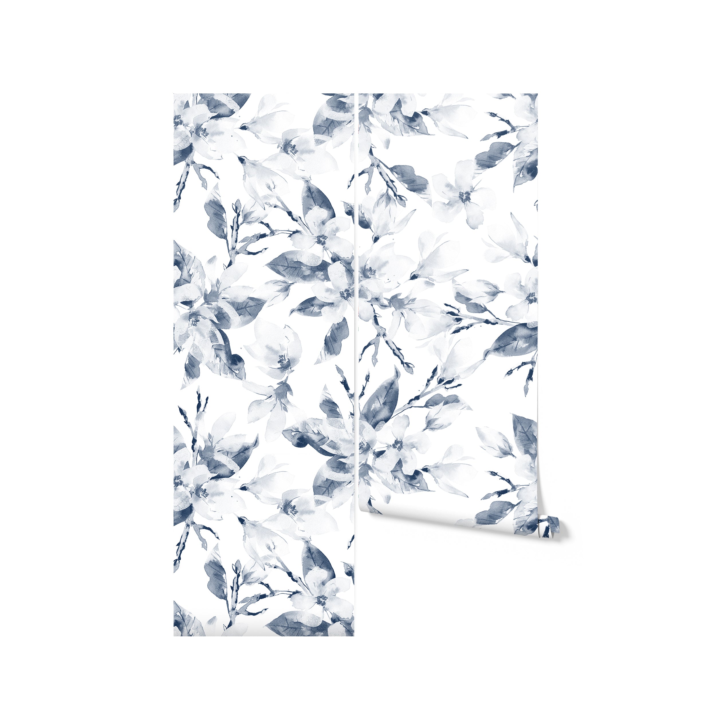 Roll of Elegant Wisdom Wallpaper IX in pale blue, displaying the sophisticated watercolor design of magnolia blossoms and leaves.