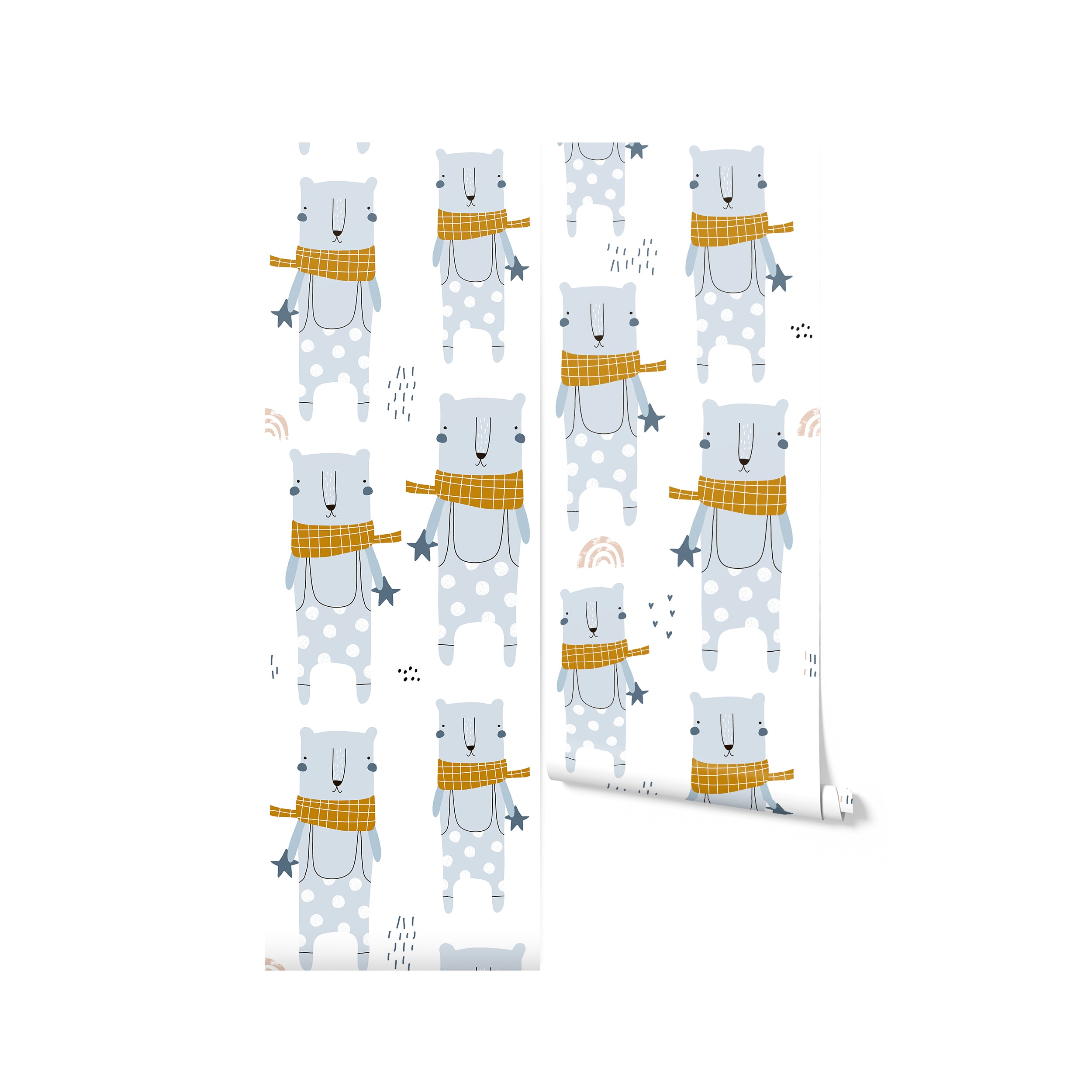 Roll of Polar Bear Express Kids Wallpaper with Polar Bears and Scarves Pattern on Pastel Blue Background