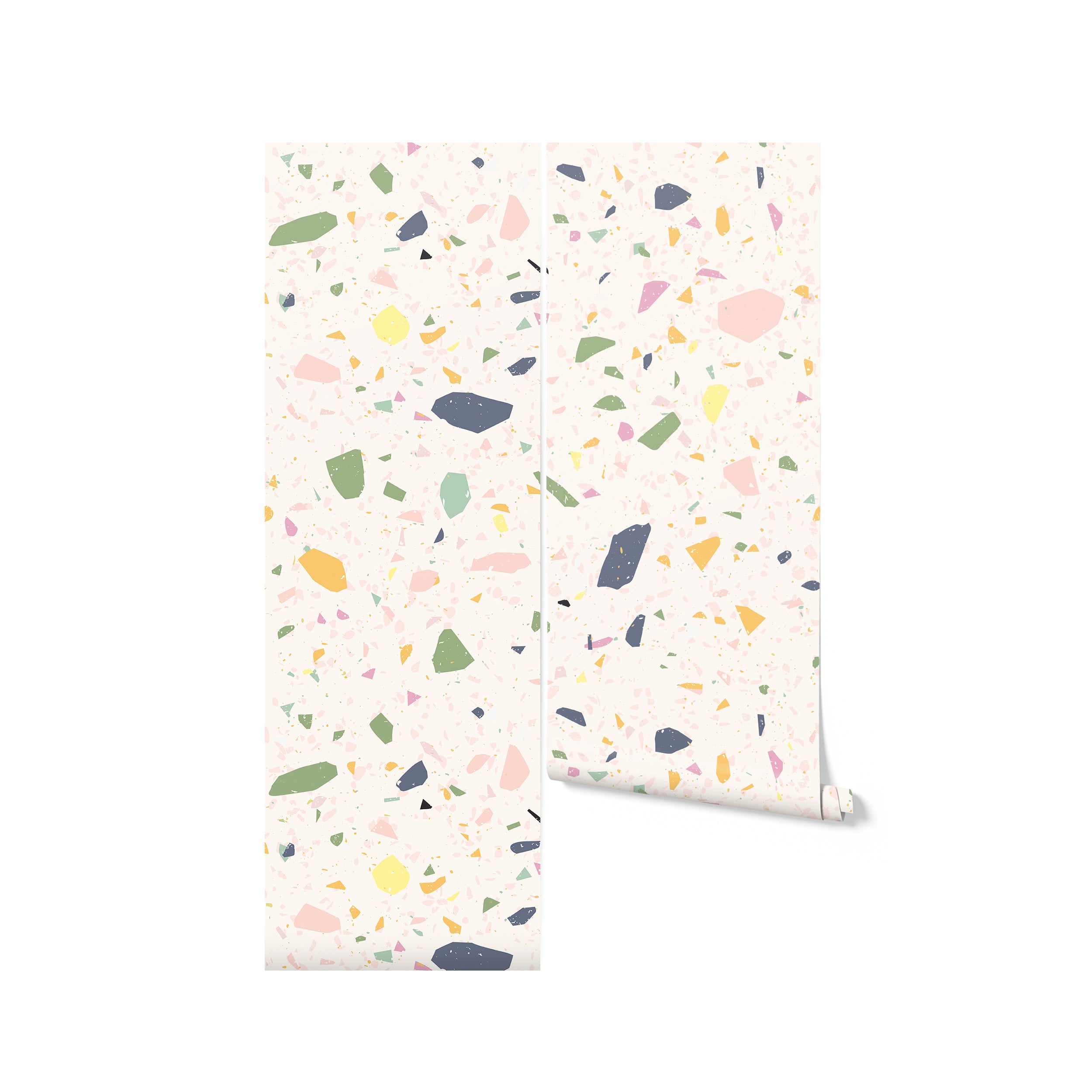 A wallpaper sample depicting a terrazzo pattern with pastel-colored chunks on a pale cream background, shown as a rolled product. The design is child-friendly with a soft and sweet color palette, reminiscent of cotton candy, and is suitable for adding a playful yet modern touch to a room.
