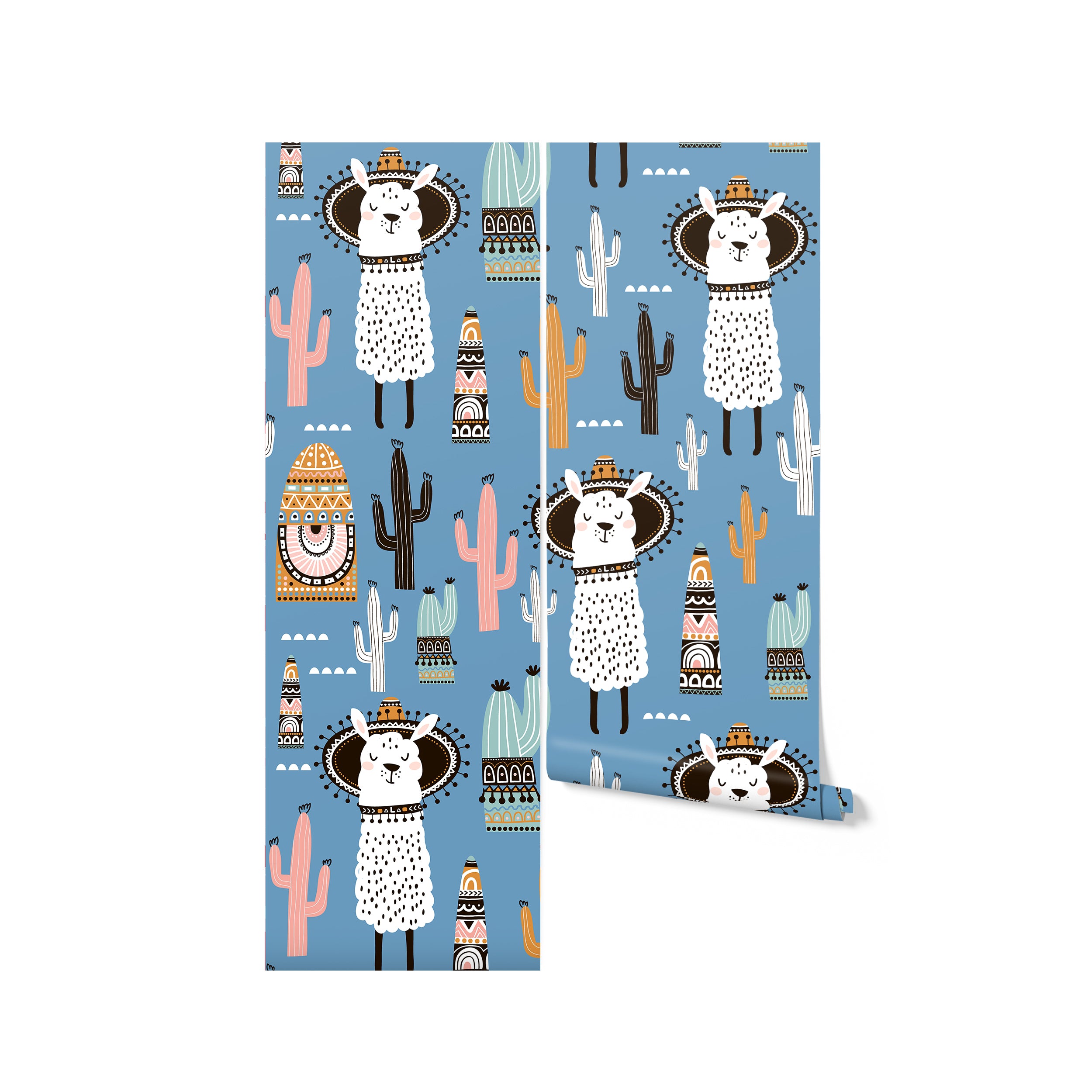 Roll of llama-themed wallpaper with detailed illustrations of llamas in traditional garb and desert cacti on a blue background.