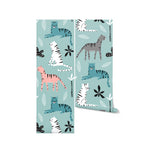 Rolled Kids Wallpaper - Tigers showing vibrant tiger and plant patterns on light teal background