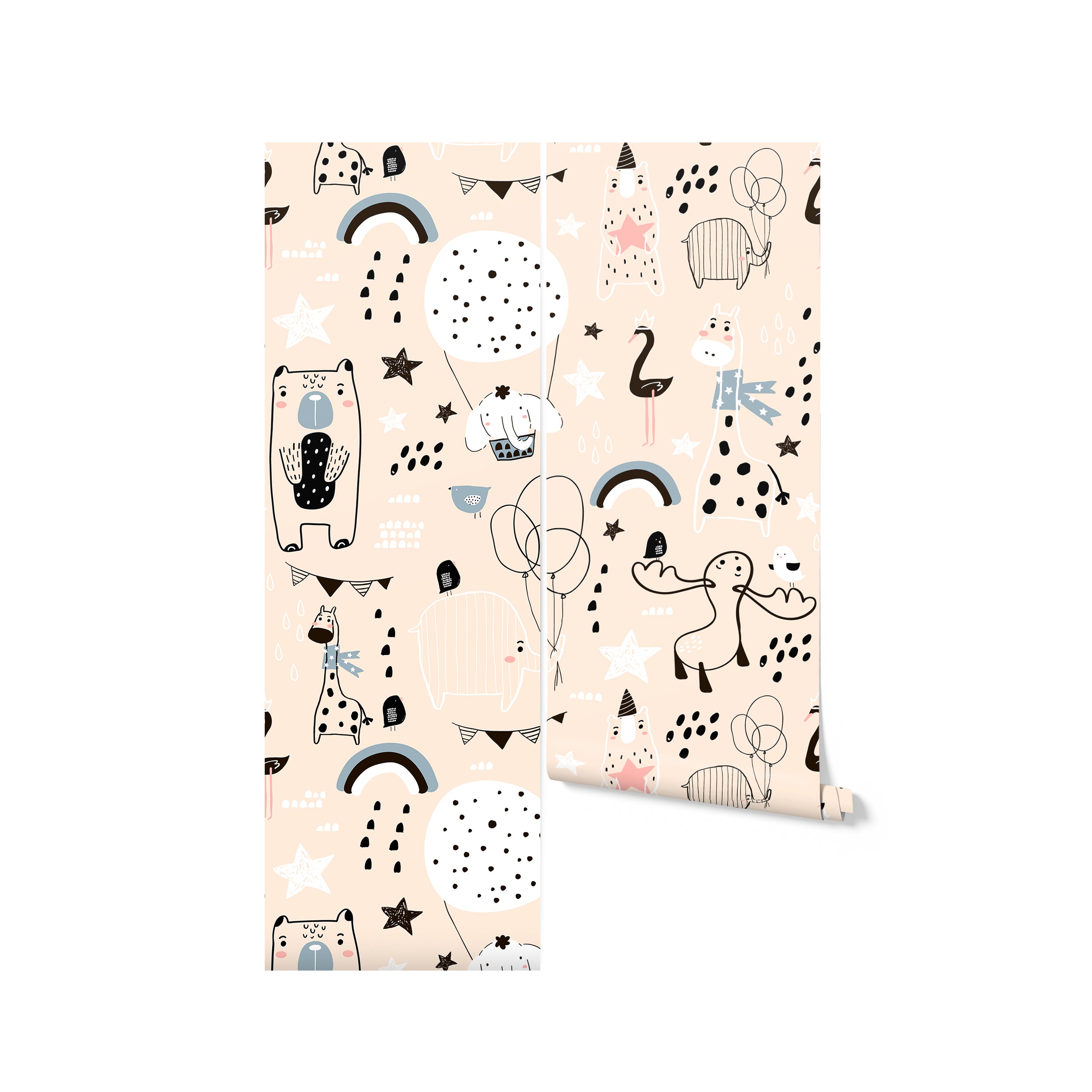 Single panel of Timberlea Interiors kids wallpaper featuring cute and quirky animal doodles on a beige background, perfect for creative nursery or playroom walls."