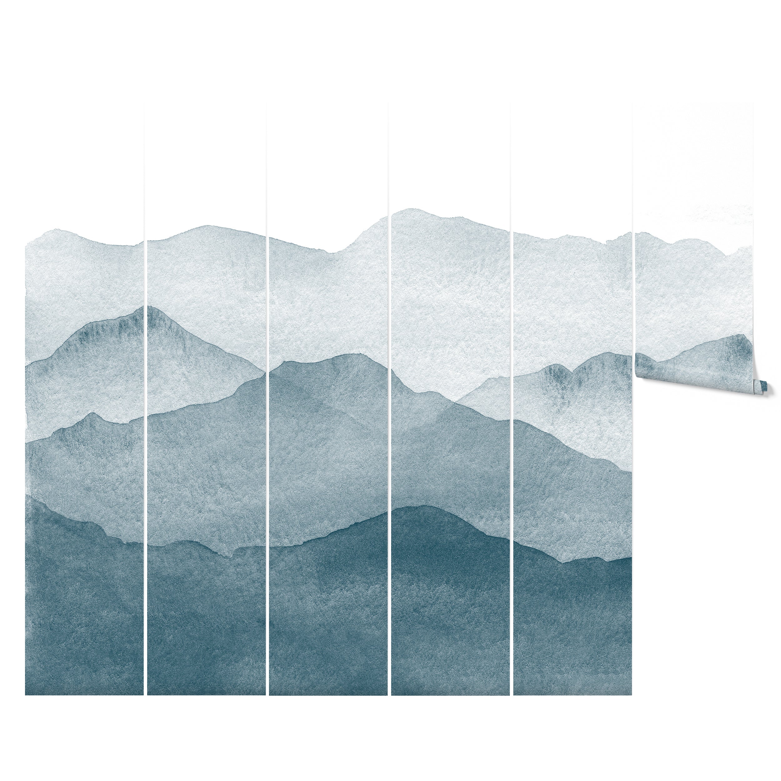 Panels of the Watercolour Mountains Wallpaper Mural, displaying the textured watercolor effect of blue mountain ranges. Each panel features the continuous mountain pattern, ideal for adding a dramatic yet peaceful element to any room's decor.
