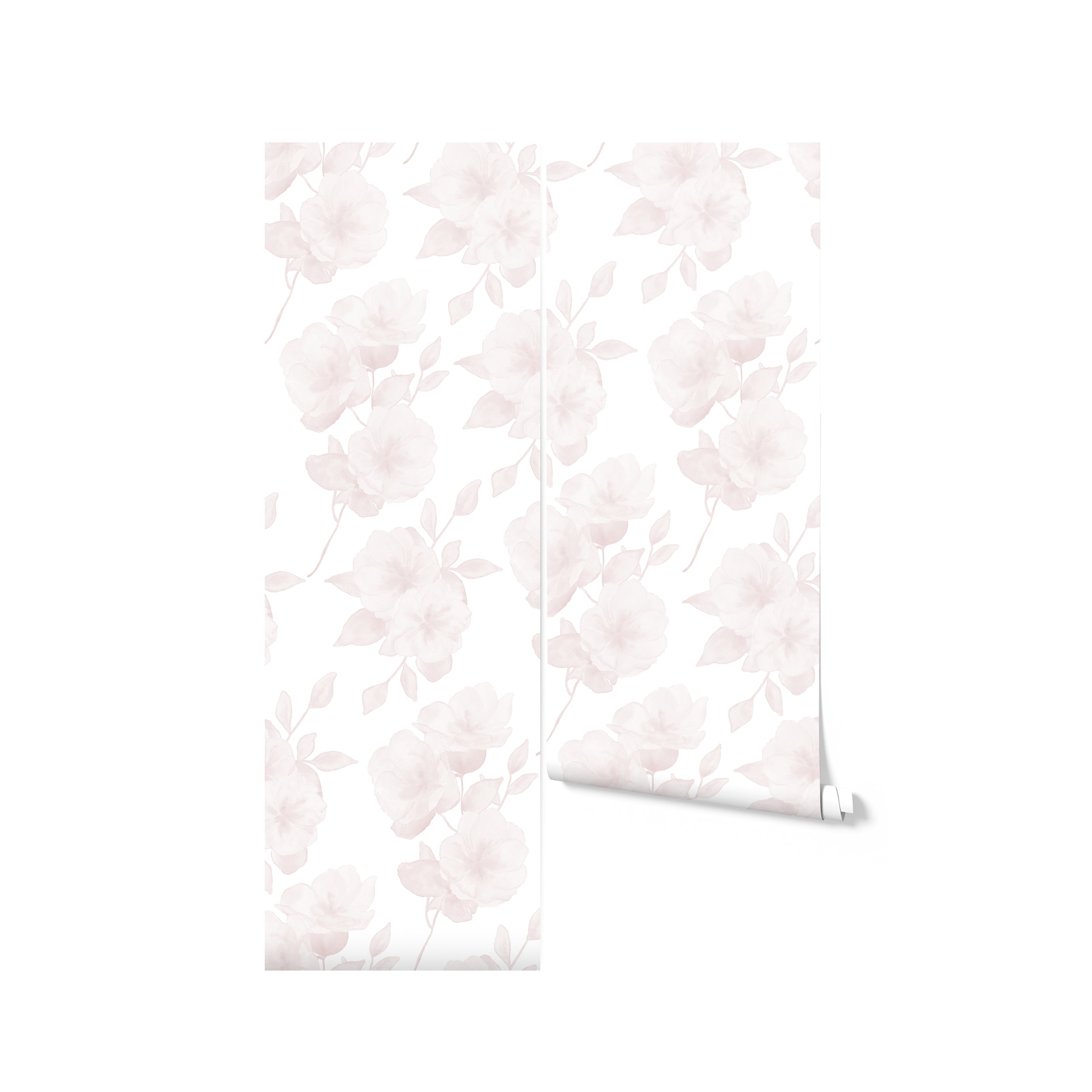 An image displaying a roll of Minimal Floral Wallpaper V with the design of light pink watercolor flowers and leaves. The wallpaper roll is partially unrolled, revealing the continuity of the pattern across multiple panels.