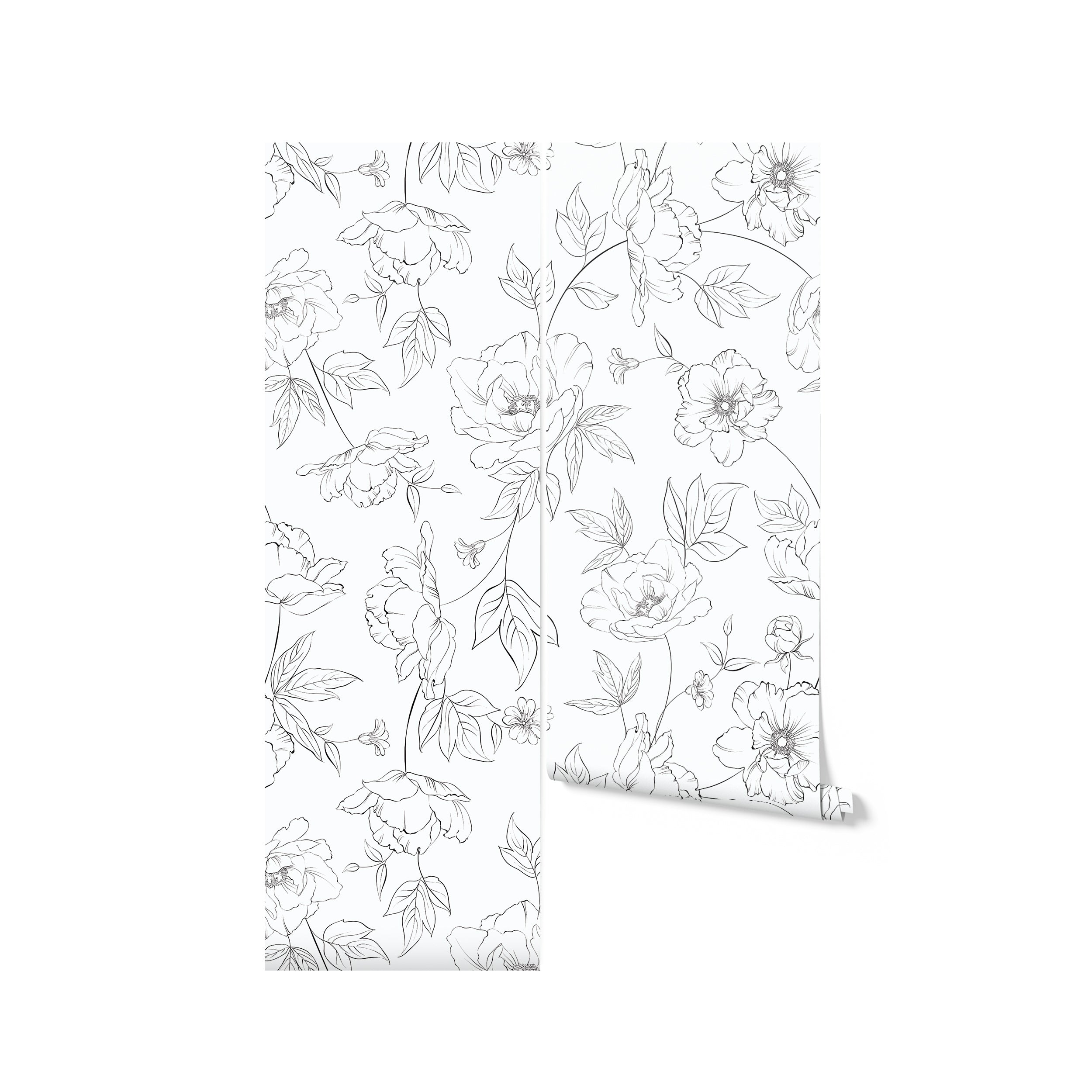 A mockup of a roll of white wallpaper with an intricate black floral line art design, demonstrating the delicate and elegant pattern.