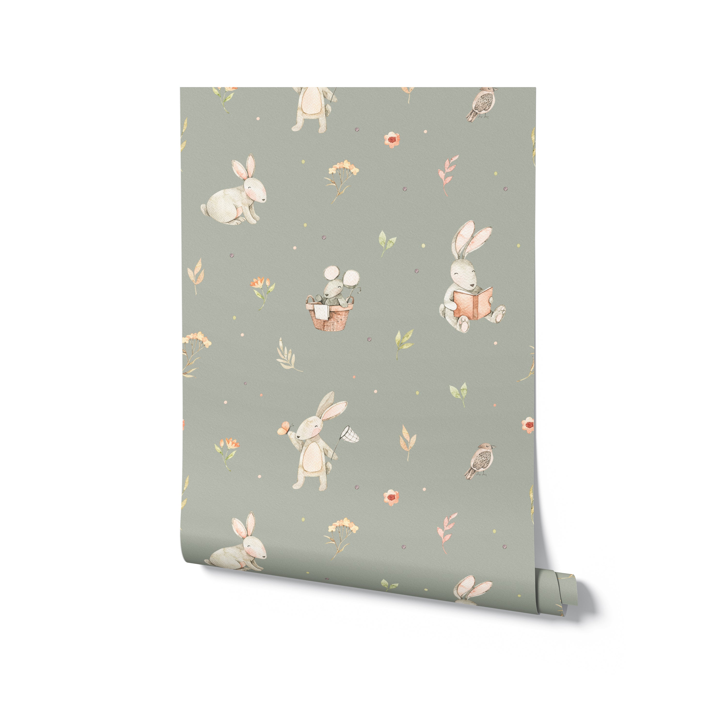 A roll of Watercolour Bunnies Wallpaper displaying the full pattern of adorable bunnies, tiny birds, and scattered foliage in pastel colors. This design is perfect for adding a touch of whimsy and nature to children’s rooms or play areas