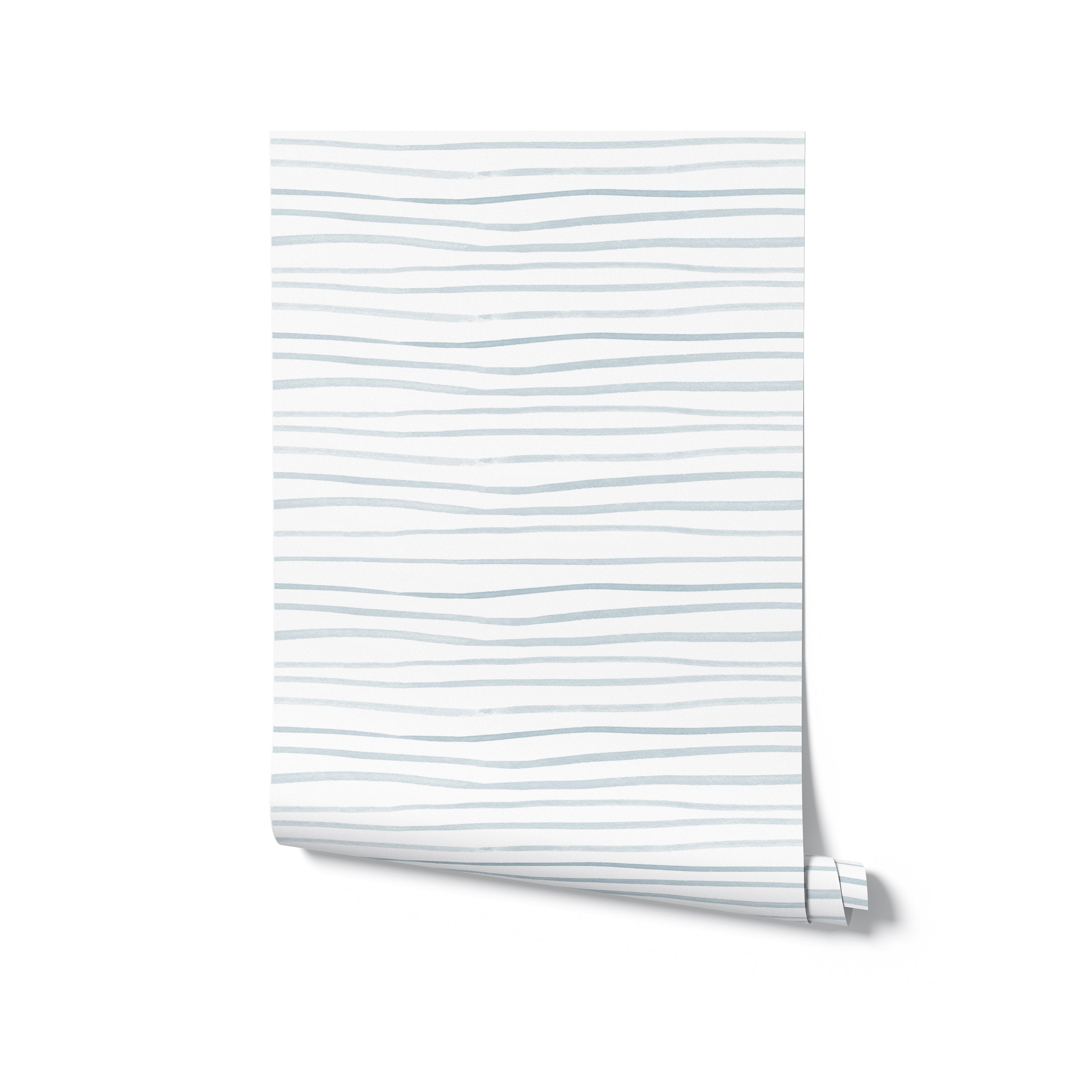 A roll of wallpaper featuring minimalistic blue brush stroke lines on a white background, perfect for adding a touch of calm and elegance to any room.
