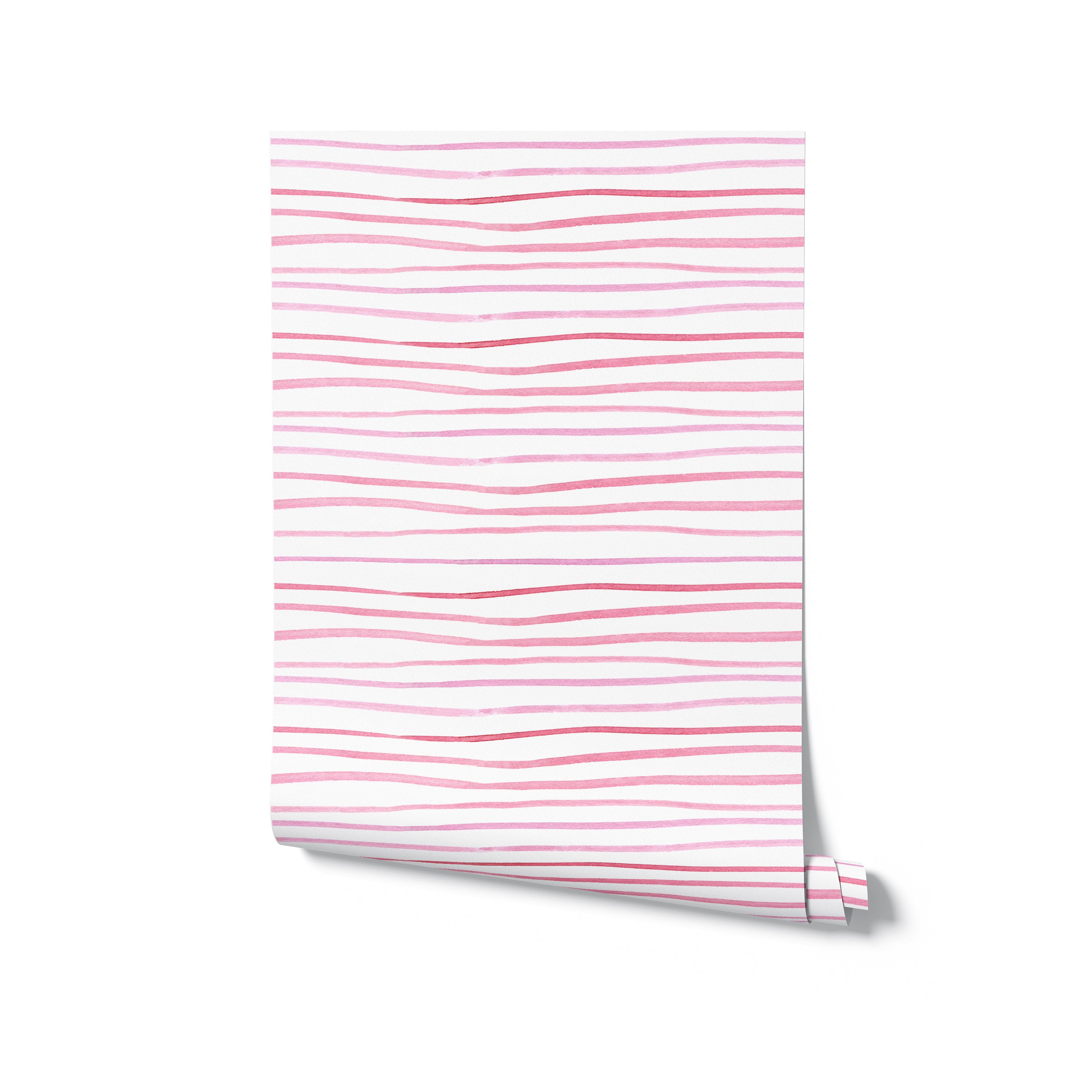 A roll of wallpaper featuring minimalistic pink brush stroke lines on a white background, perfect for adding a subtle pop of color to any room