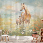 A large wall mural in a children's playroom depicting a gentle horse and its foal in a field of wildflowers, enhancing the room's bright and playful atmosphere