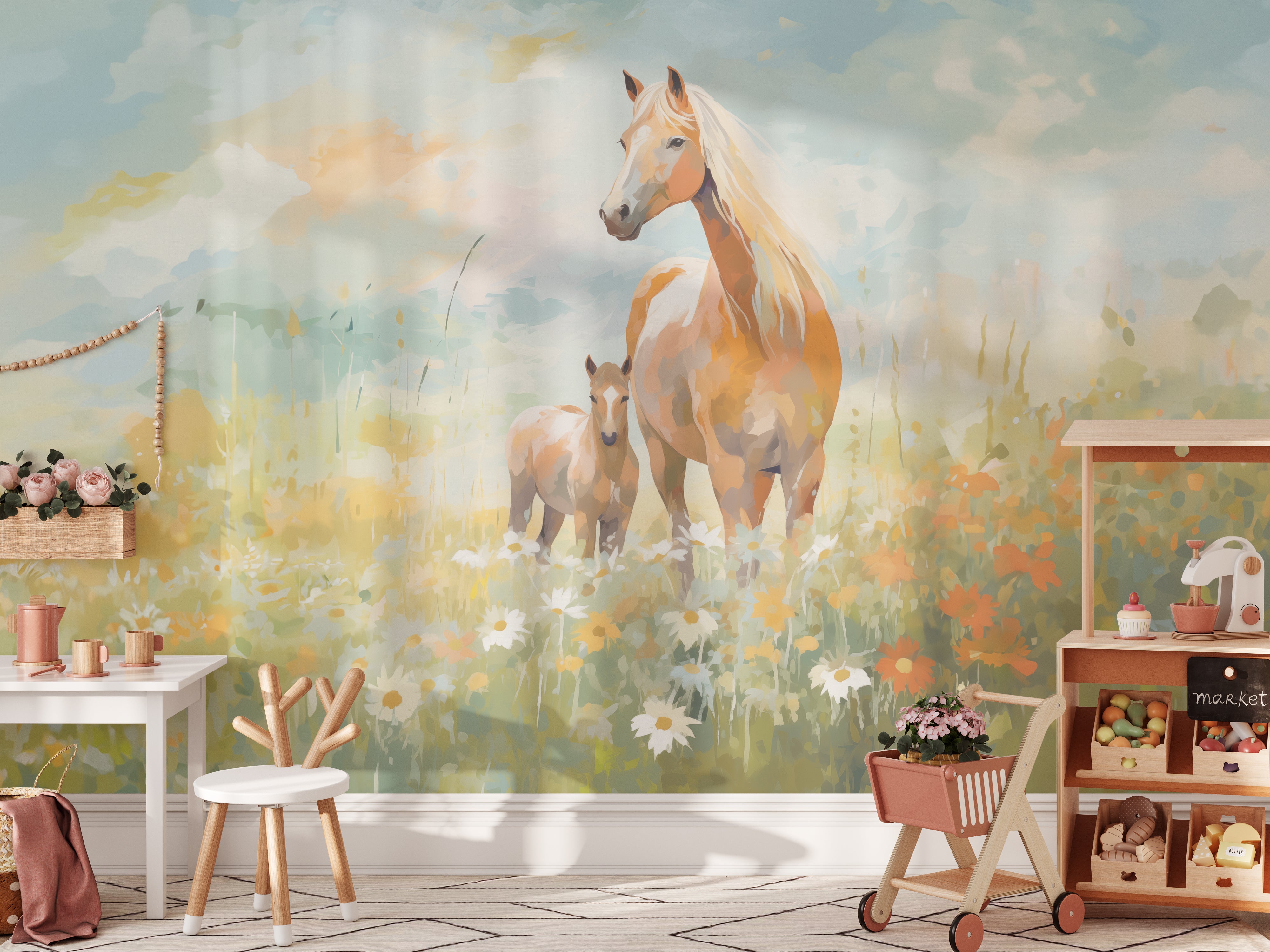 A large wall mural in a children's playroom depicting a gentle horse and its foal in a field of wildflowers, enhancing the room's bright and playful atmosphere