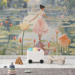 Children's room showcasing the Dancing Lily Mural along one wall, with a scene of a girl and lily pads, accompanied by modern kid’s furniture and playful decorations.