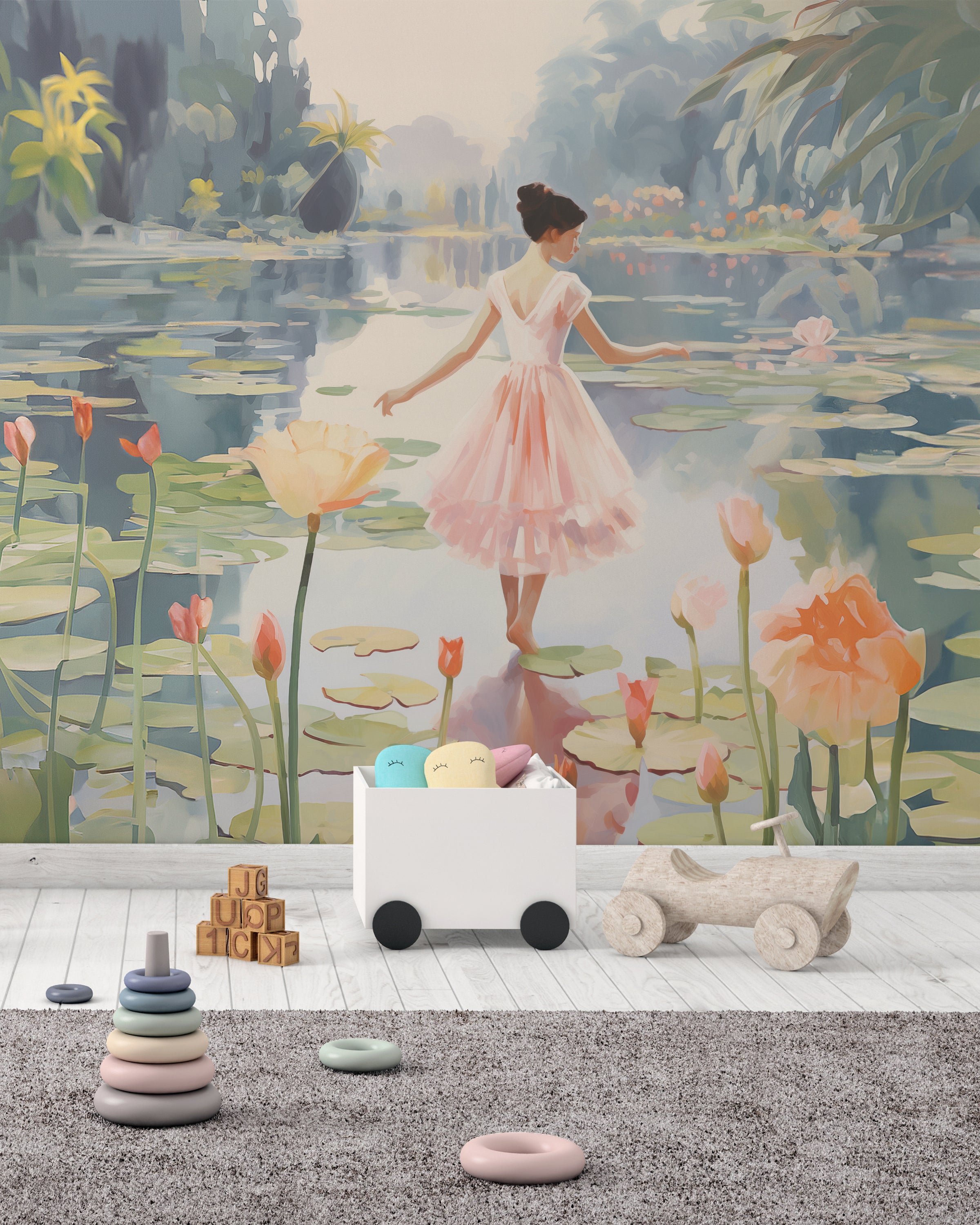 Children's room showcasing the Dancing Lily Mural along one wall, with a scene of a girl and lily pads, accompanied by modern kid’s furniture and playful decorations.