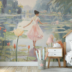 Mockup of a nursery room featuring the Dancing Lily Mural on the wall, with a young girl in a pink dress among flowers, complemented by child-friendly room decor
