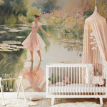 Children's room with a mural depicting a young dancer on a pond's edge, next to a white crib and under a pink canopy