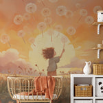 "Full view of the 'Make a Wish Mural' featuring a child reaching towards floating dandelion seeds against a vivid sunset."