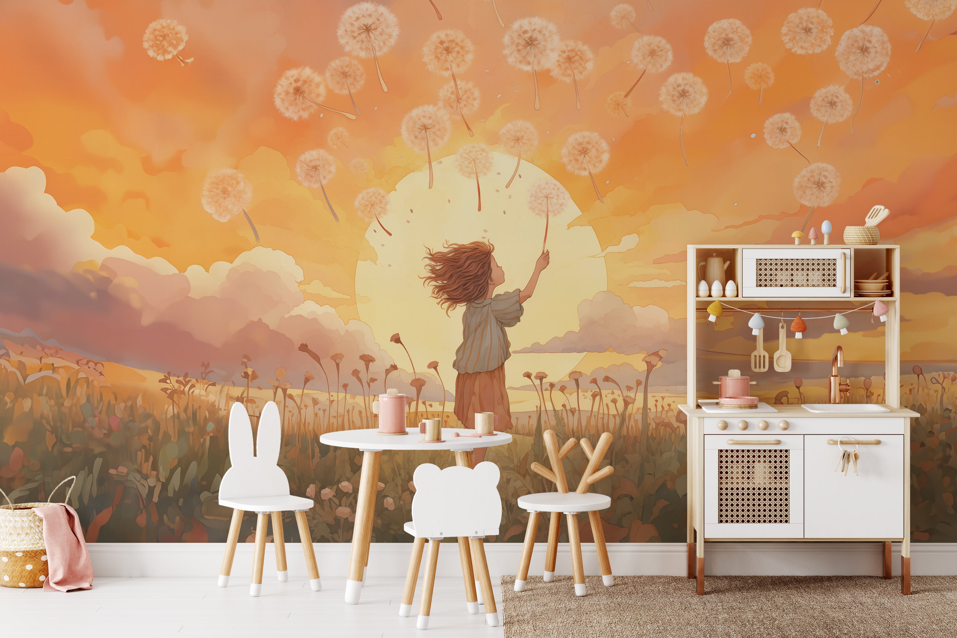 "Nursery room wall adorned with 'Make a Wish Mural' depicting a playful scene of a girl and floating dandelions at dusk."