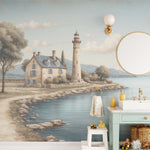 "Wide view of 'A Land Far Away' mural in a nursery, featuring a peaceful lakeside setting with boats and a castle."