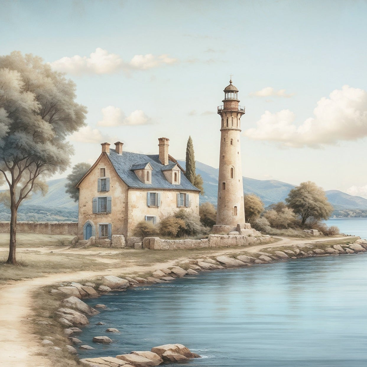 "Quaint lighthouse and cottage by the lake in 'A Land Far Away' mural in a child's room."