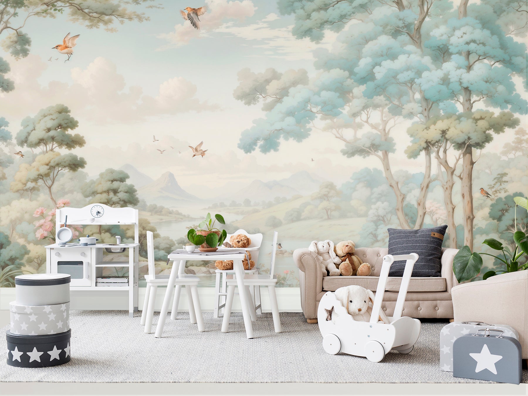 Children's playroom decorated with a pastoral Loire Valley mural featuring rolling hills, trees, and flying birds, accompanied by child-friendly furniture."