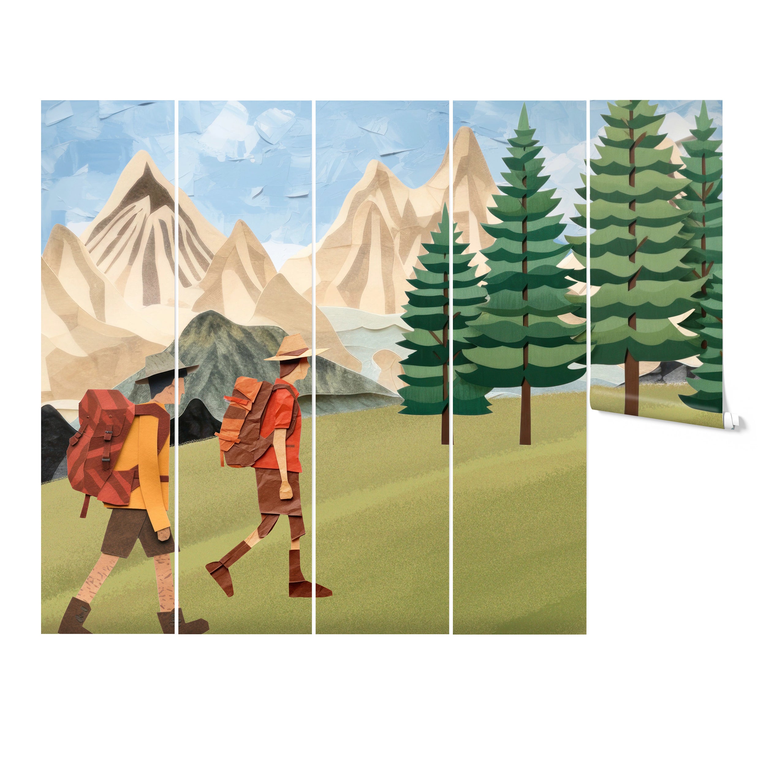 "Five rolls of wallpaper showing sections of a mural with hikers, mountains, and pine trees, designed for a children’s room or nursery."