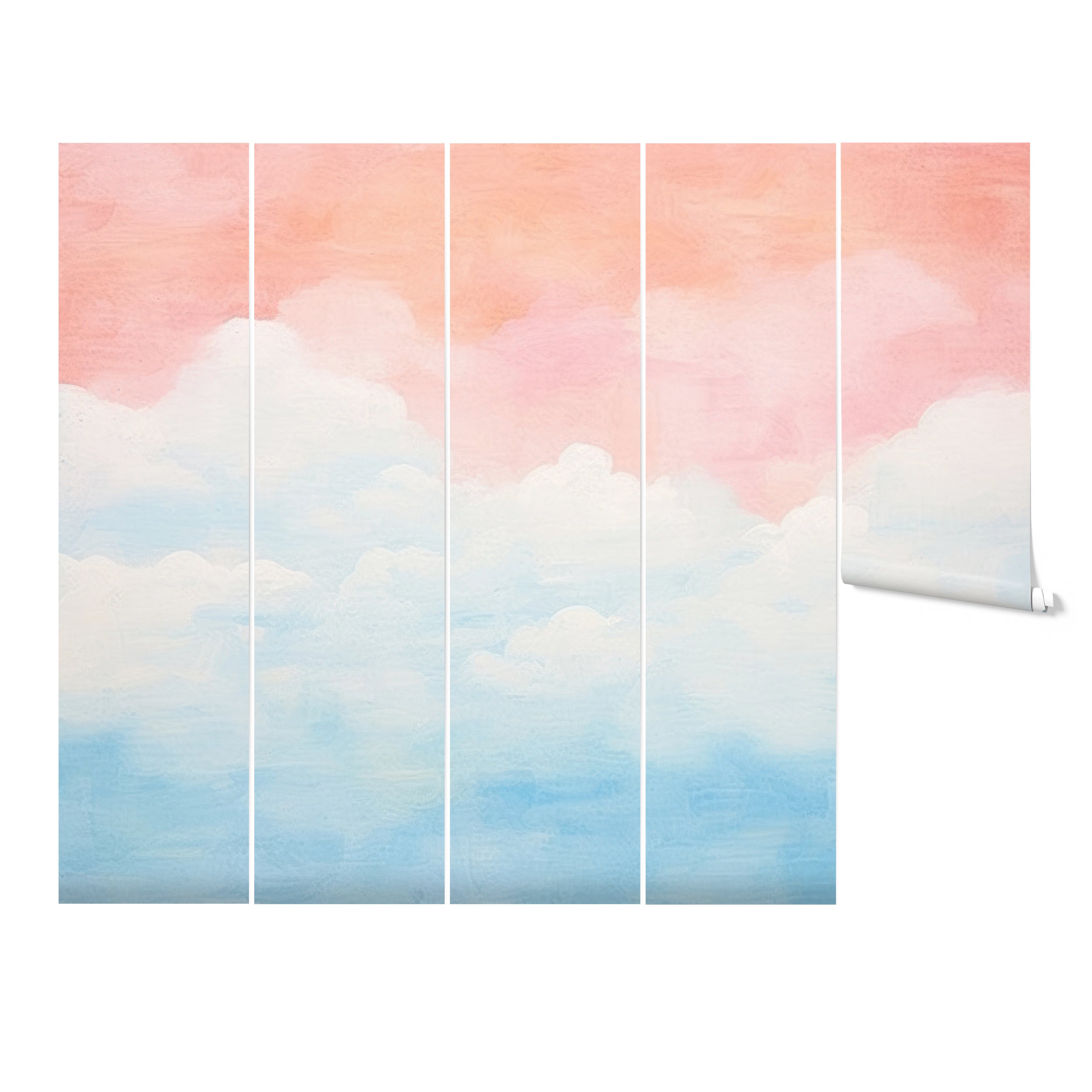 Multiple rolls of pastel sky-themed wallpaper with soft pink and blue hues depicting a serene sky, rolled out in a sequential display."