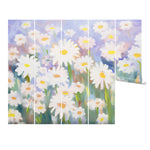 "Vertical Panels of Daisy Field Wallpaper in Children's Area, Artistic Floral Design"