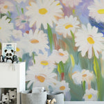 "Bright and Colorful Daisy Mural in Modern Children's Room with White Furniture and Plush Toys"
