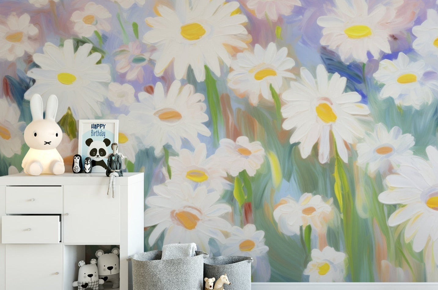 "Bright and Colorful Daisy Mural in Modern Children's Room with White Furniture and Plush Toys"